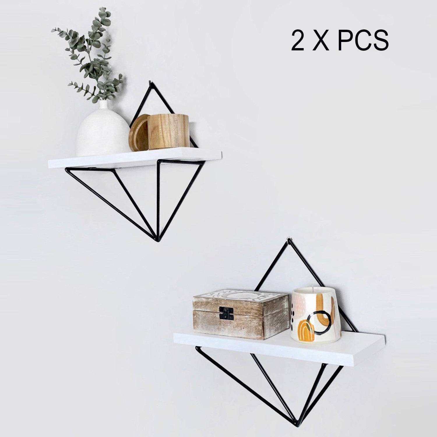 Prateleira de parede decorativa de madeira (2 peças), 100% madeira de abeto e estrutura de metal, 22x30x14 cm | Montável na parede, capacidade de 5 kg | Design elegante em branco e preto