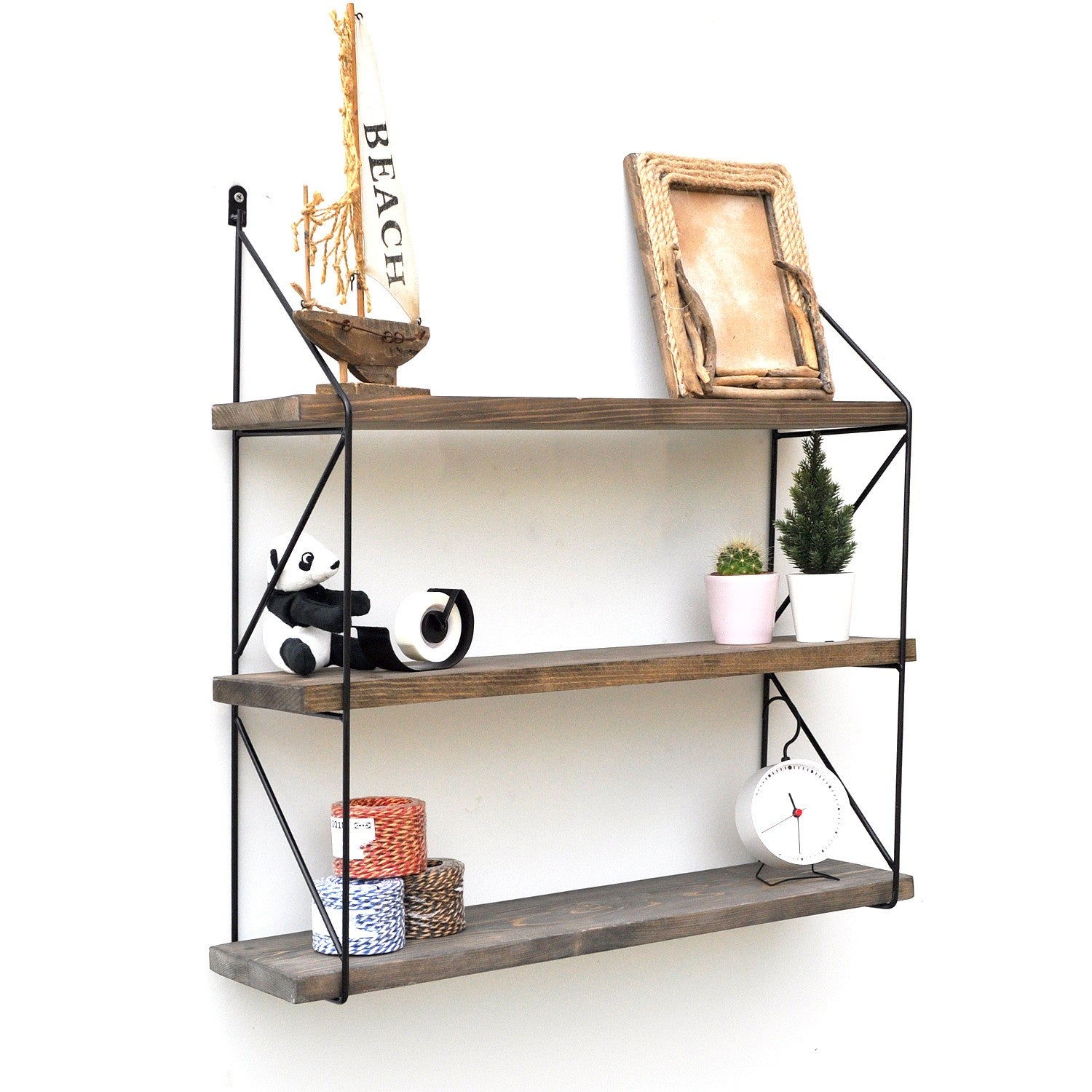 Prateleira de parede decorativa rústica de madeira, 60 cm x 15 cm x 55 cm | 100% madeira de abeto com estrutura de metal | Nogueira e preto | Perfeita para decoração tradicional e industrial
