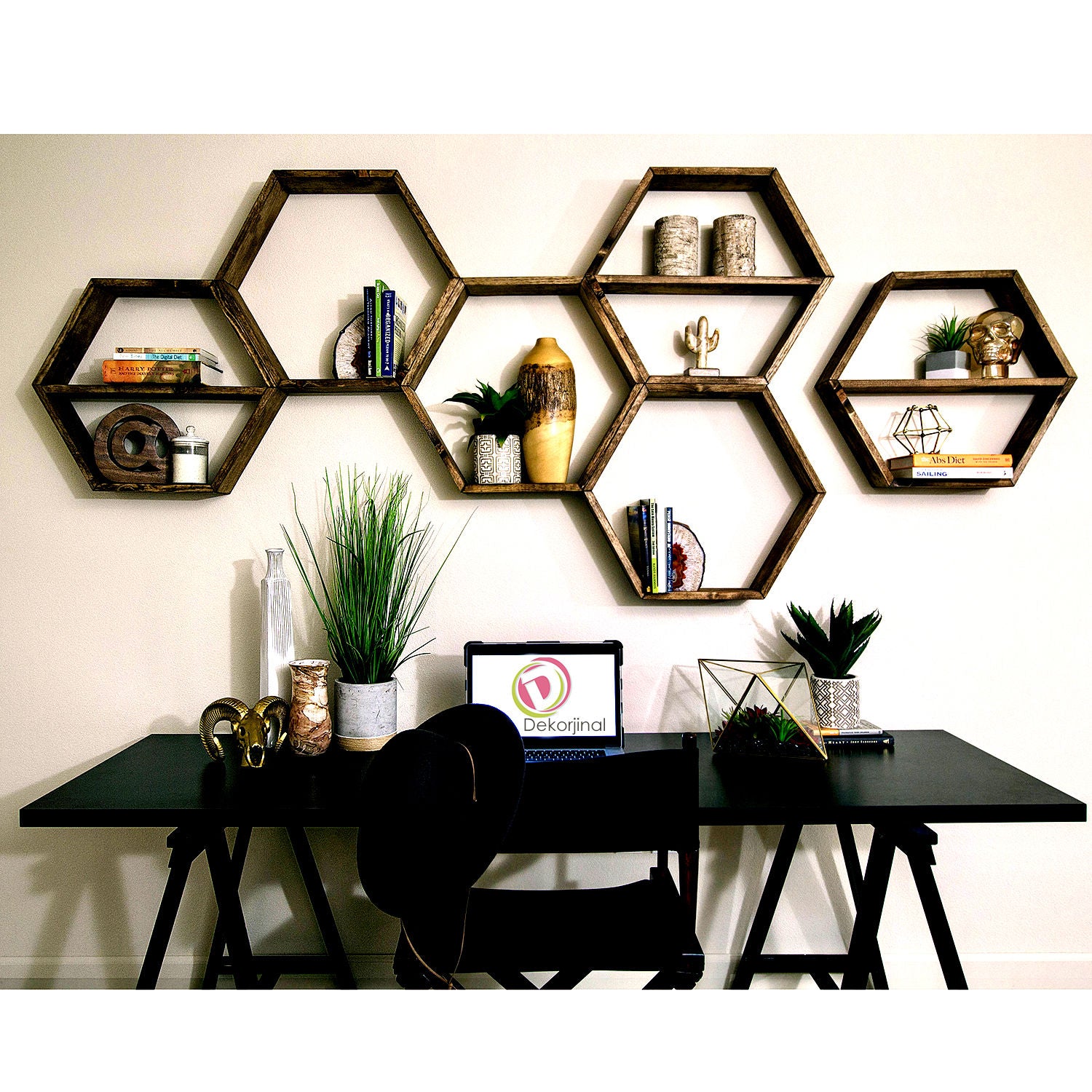 Prateleira de parede rústica moderna (6 peças), cor nogueira, 40 x 37 x 10 cm | 100% madeira maciça, montável na parede | Armazenamento elegante para casa e escritório