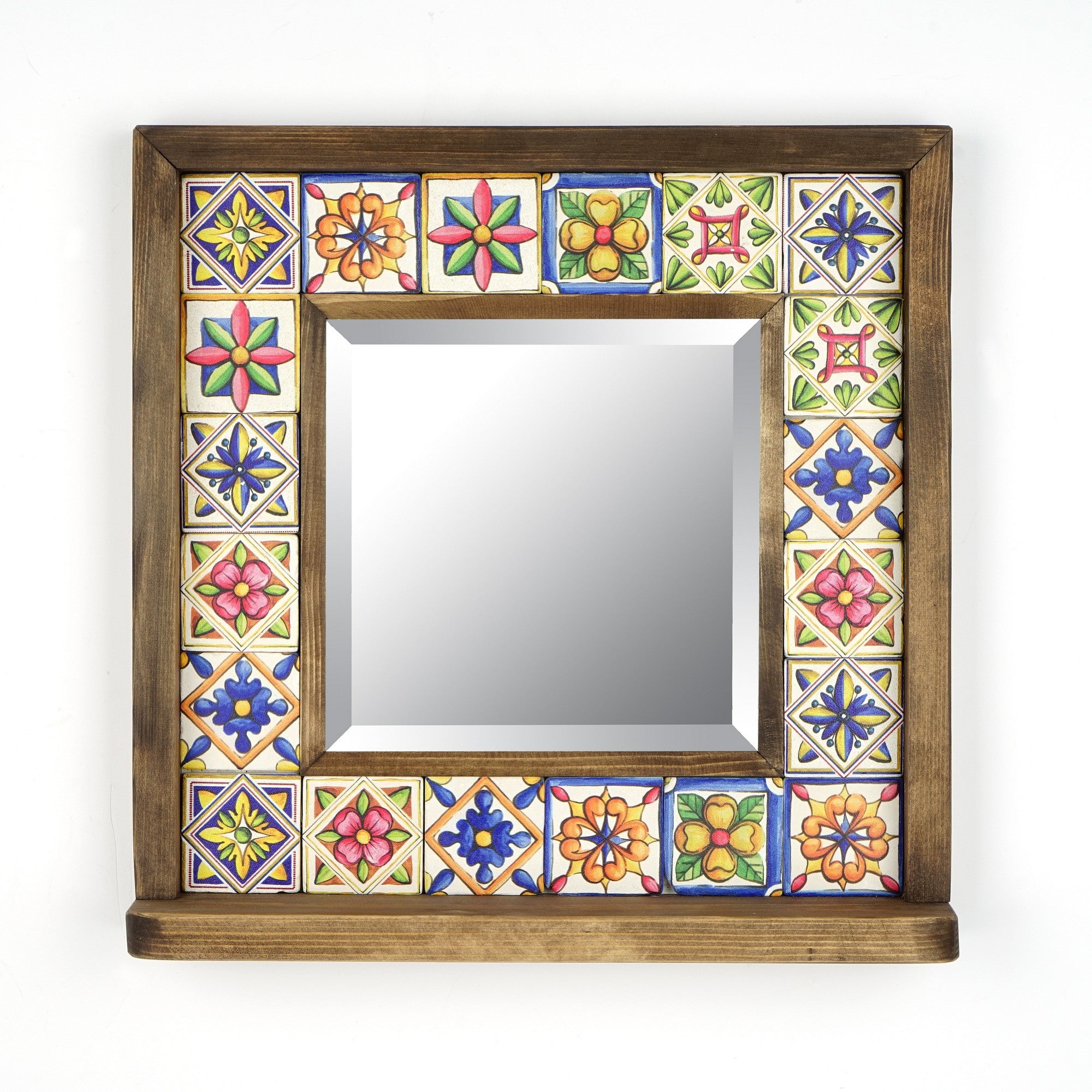 Espelho rústico de madeira de pinho com moldura de traverino natural, 32,5 x 33 x 8 cm | Espelho de vidro de 17 cm, 5 ganchos | Perfeito para decoração tradicional e do sudoeste