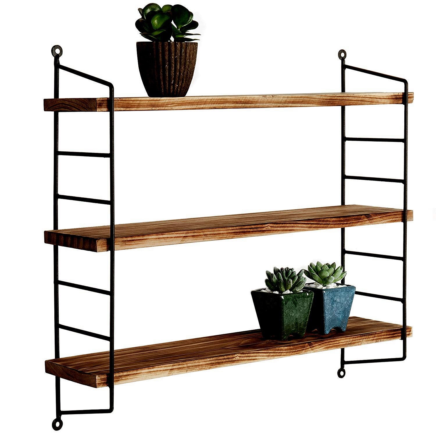 Prateleira de parede elegante e decorativa de madeira, 60 cm x 57 cm x 15 cm | 100% madeira maciça e estrutura de metal | Acabamento em preto e nogueira | Montável na parede para armazenamento com estilo