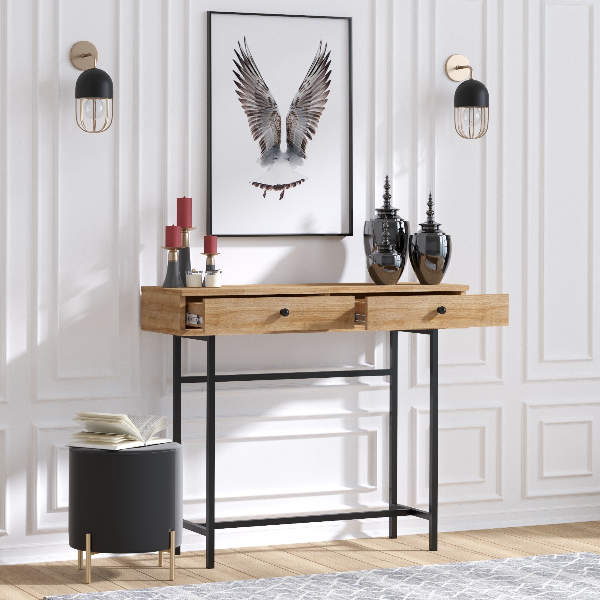 Aparador elegante com pés de metal, carvalho e preto, 100 cm | Painel de partículas 100% revestido de melamina, 18 mm de espessura | Ideal para espaços tradicionais e industriais