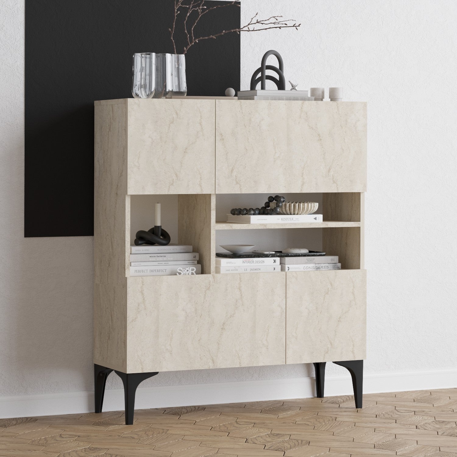 Aparador – 100 cm x 35 cm x 125 cm – Cor Travertino – Painel de Partículas 100% Revestido em Melamina