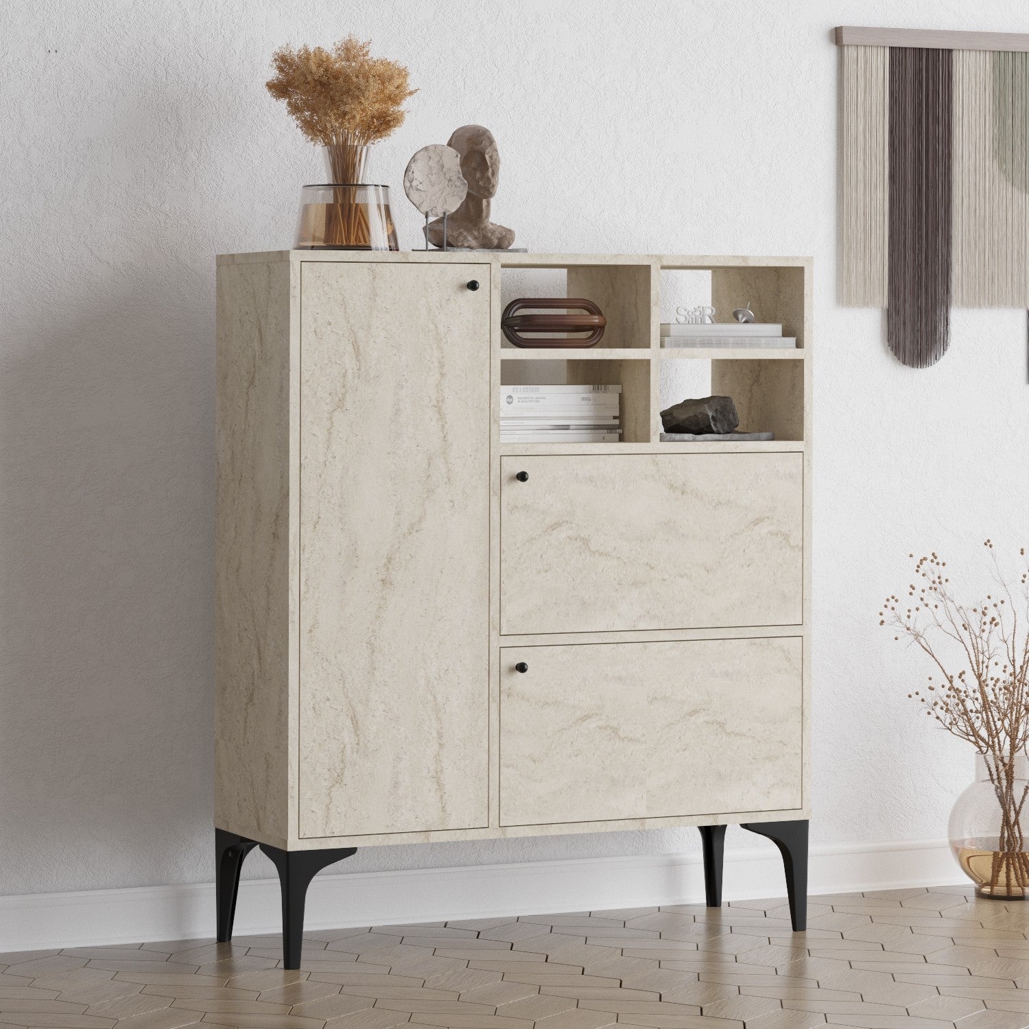 Aparador – 100 cm x 125 cm x 35 cm – Cor Travertino – Painel de Partículas revestido a Melamina