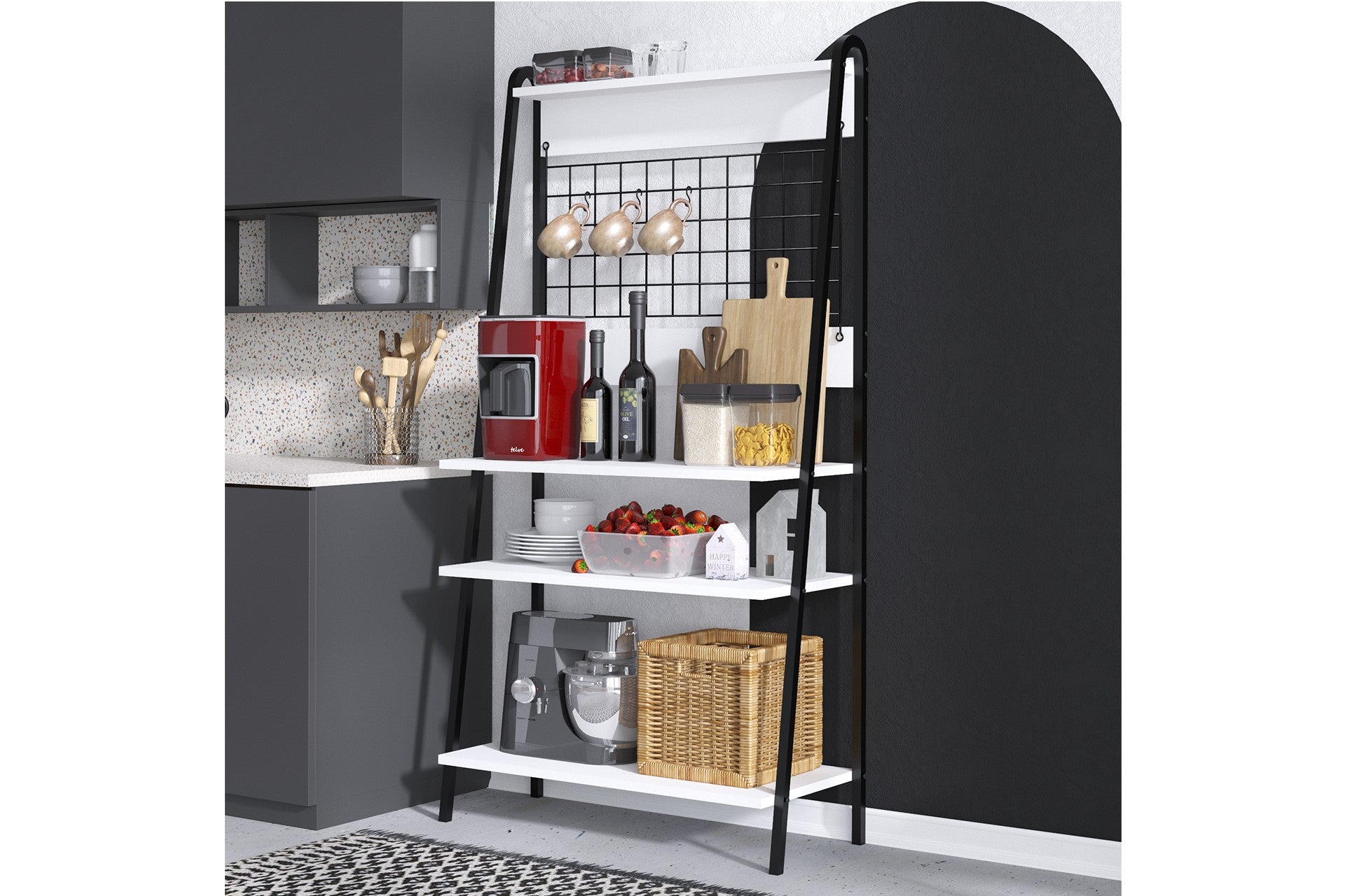 Armário de Bar de Café – 84 cm x 170 cm x 40 cm – Preto e Branco – Painel de partículas revestido de melamina