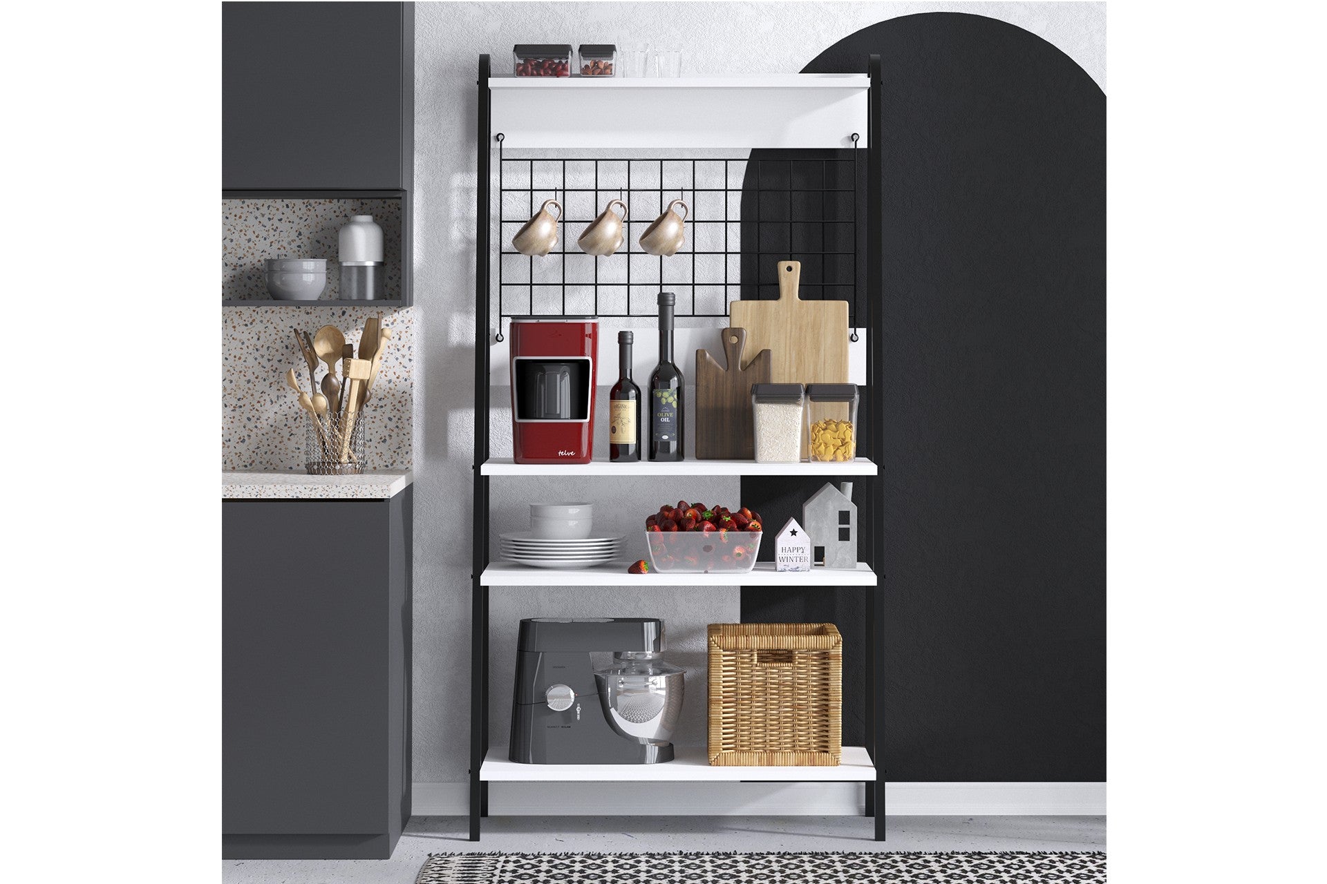 Armário de Bar de Café – 84 cm x 170 cm x 40 cm – Preto e Branco – Painel de partículas revestido de melamina