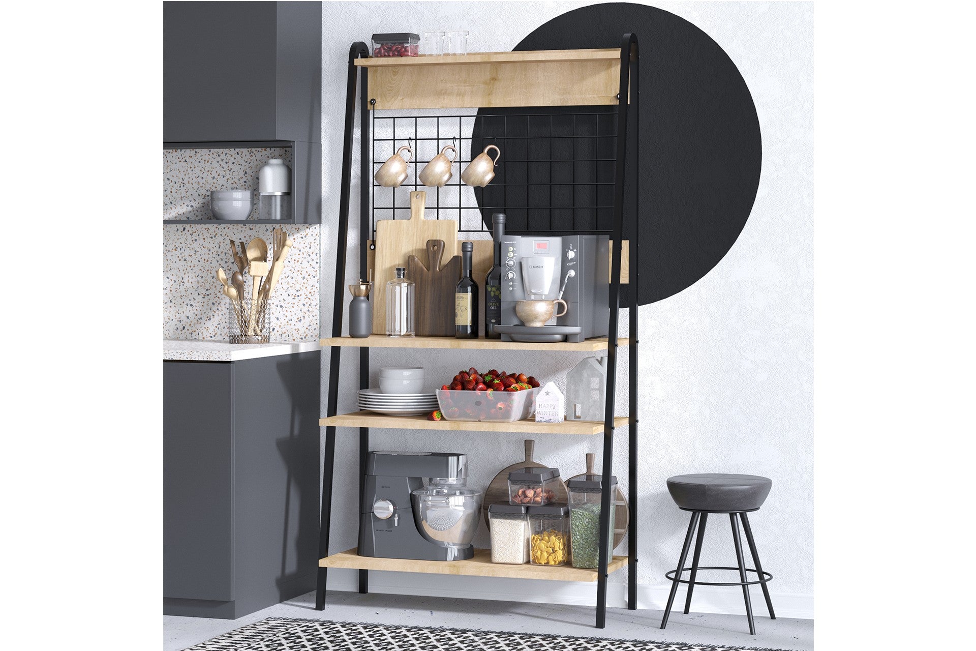 Armário de bar de café – 84 cm x 170 cm x 40 cm – Carvalho Safira e Preto – MDF