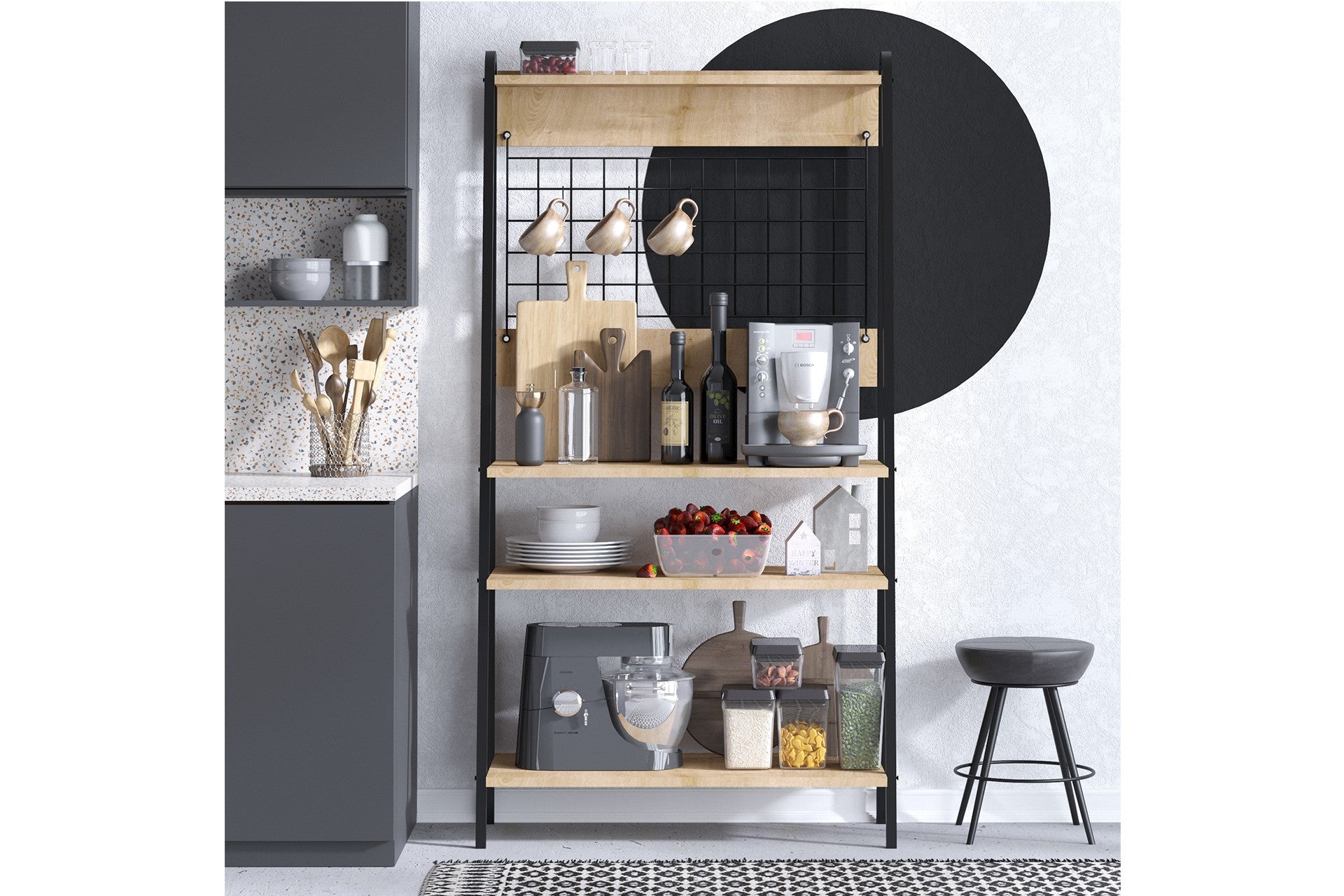 Armário de bar de café – 84 cm x 170 cm x 40 cm – Carvalho Safira e Preto – MDF