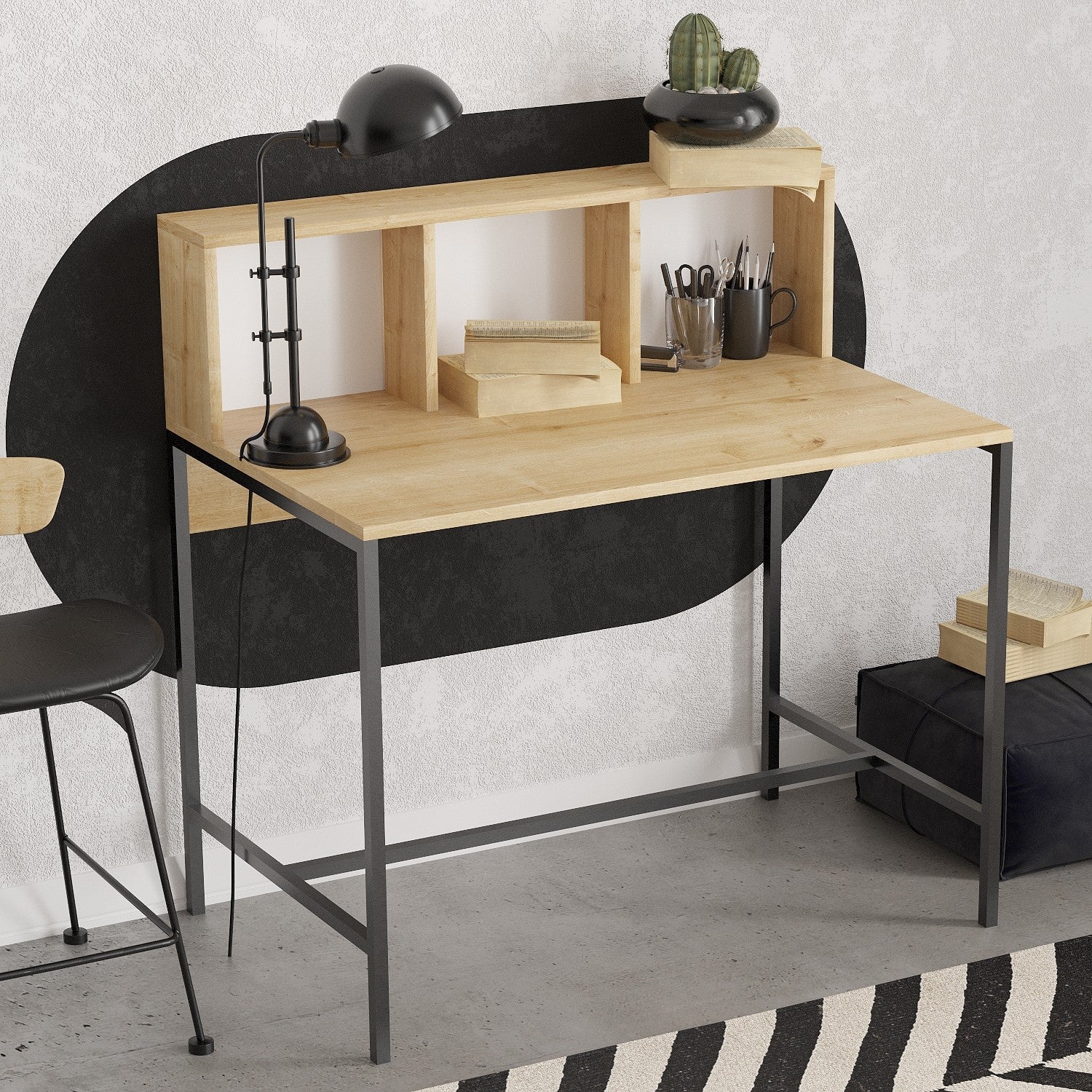 Secretária de Estudo – 100cm x 102cm x 60cm – Carvalho Safira e Preto – MDF