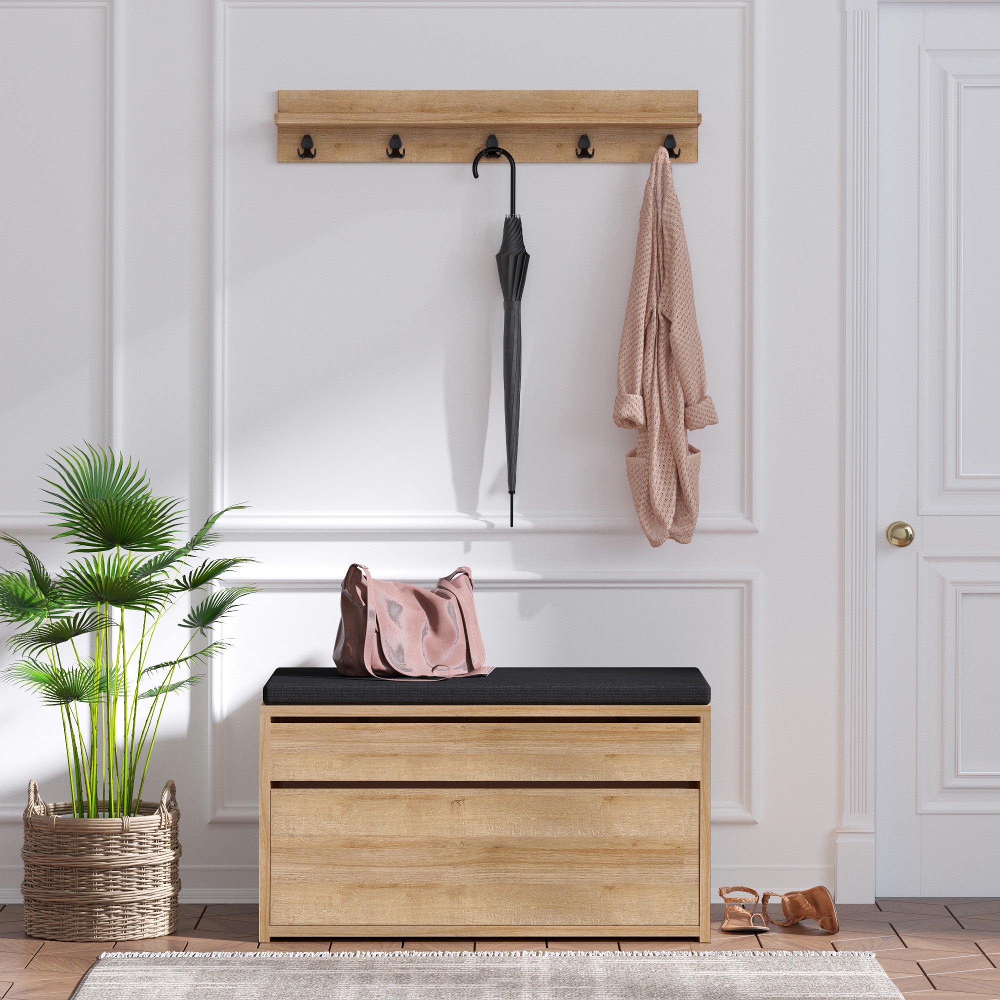 Suporte de hall elegante com prateleira de parede e cabideiro, carvalho e preto, 80 x 42 x 35 cm | 100% revestido em melamina, 18 mm de espessura | Perfeito para espaços tradicionais e industriais