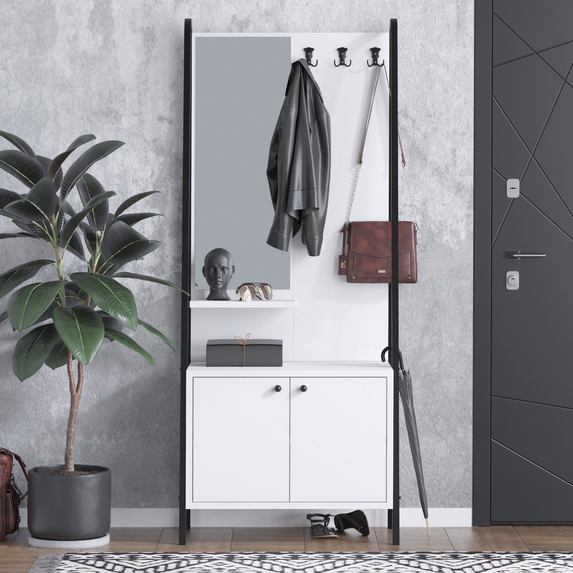 Conjunto para hall de entrada – 74cm x 170cm x 35cm – Preto e Branco – Madeira Aglomerada