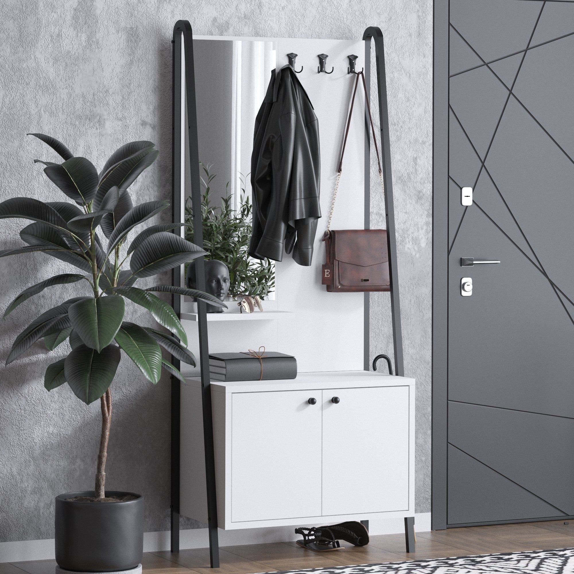 Conjunto para hall de entrada – 74cm x 170cm x 35cm – Preto e Branco – Madeira Aglomerada