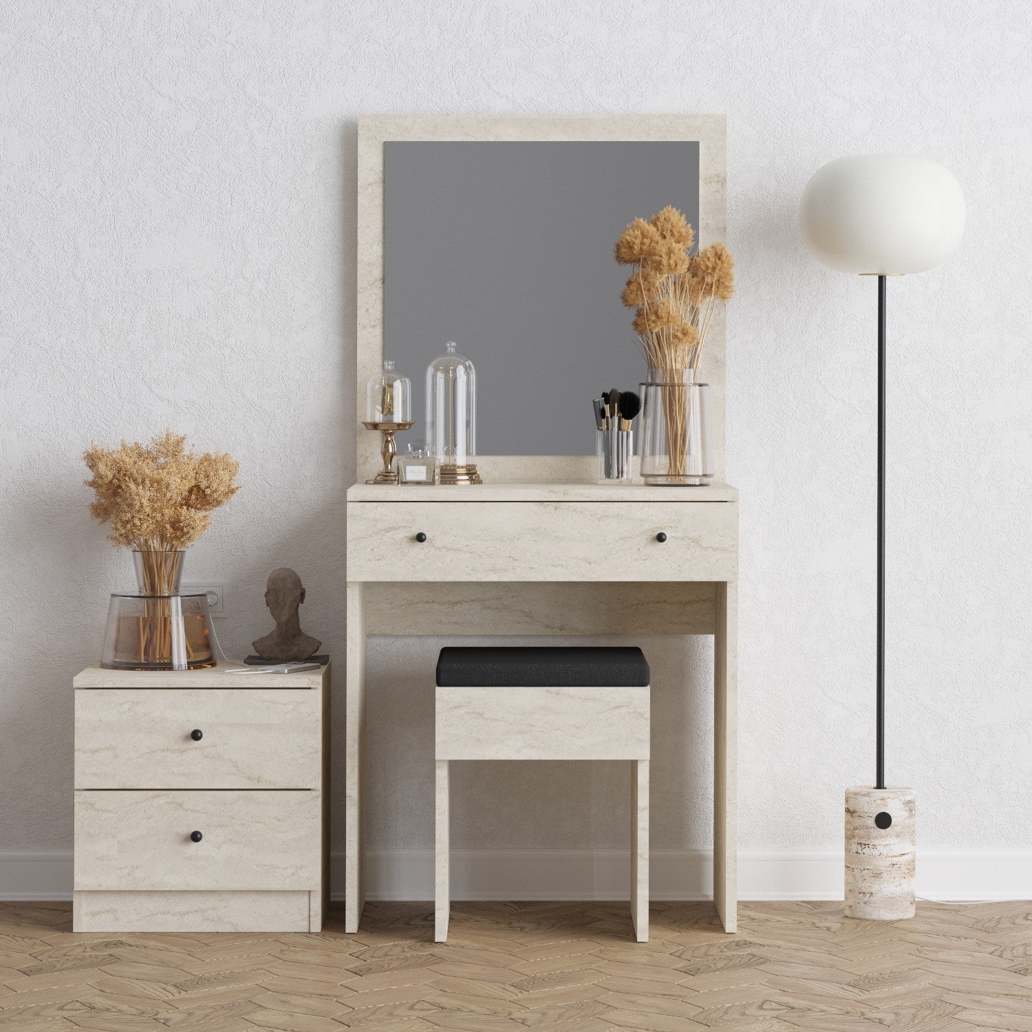 Conjunto de mesa de maquiagem elegante com espelho, cor travertino, 100% revestido em melamina, 18 mm de espessura | Inclui mesa de cabeceira e cadeira | Design para montagem na parede