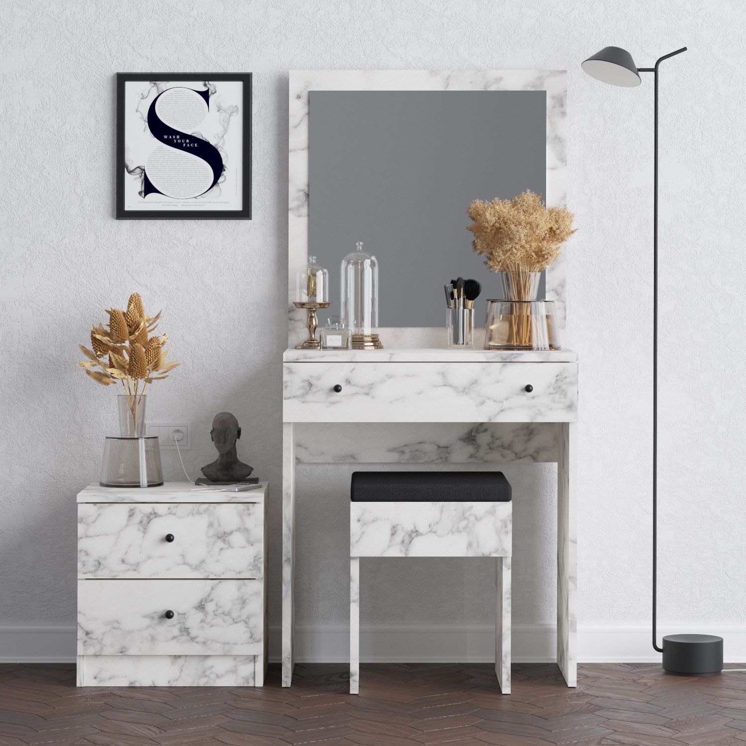 Conjunto de mesa de maquiagem elegante com espelho, acabamento em mármore Carrara | Painel de partículas 100% revestido em melamina, 18 mm de espessura | Inclui mesa de cabeceira e cadeira, montável na parede