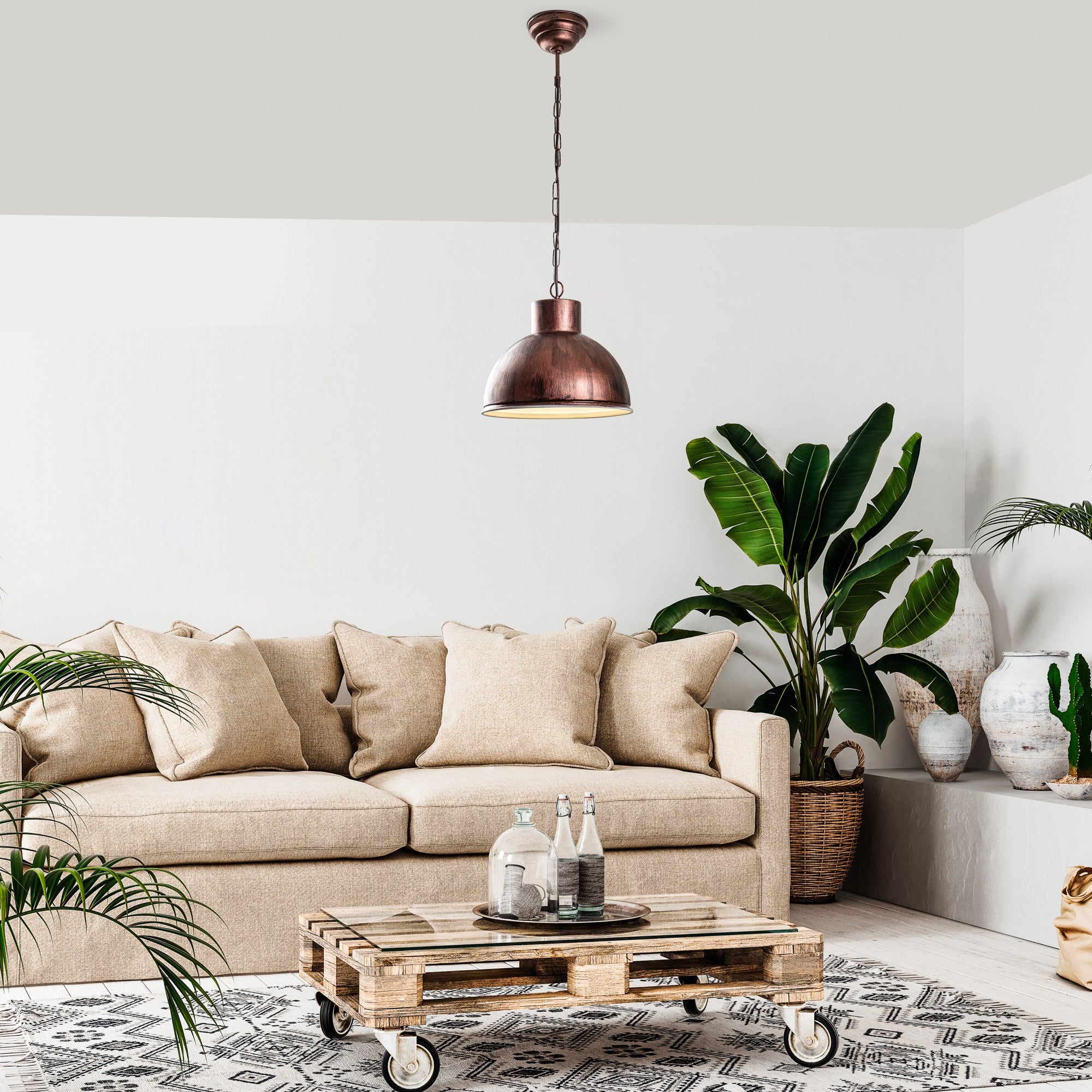 Candeeiro de Teto Elegante de Cobre, Altura Ajustável 128 cm, Diâmetro 32 cm | Corpo de Ferro, Soquete E27, Potência Máxima 40 W | Iluminação Elegante para Espaços Modernos, Classificação IP20