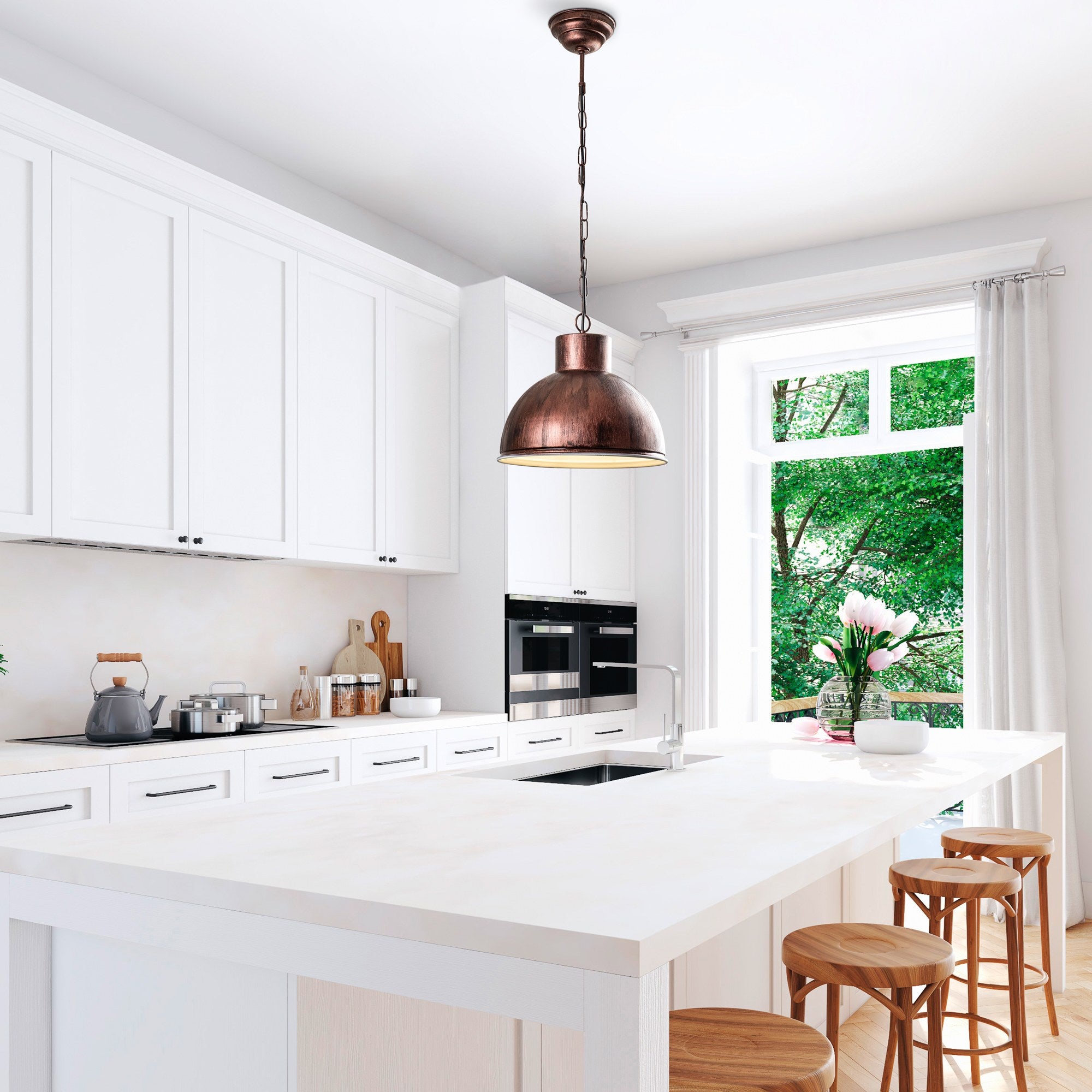 Candeeiro de Teto Elegante de Cobre, Altura Ajustável 128 cm, Diâmetro 32 cm | Corpo de Ferro, Soquete E27, Potência Máxima 40 W | Iluminação Elegante para Espaços Modernos, Classificação IP20