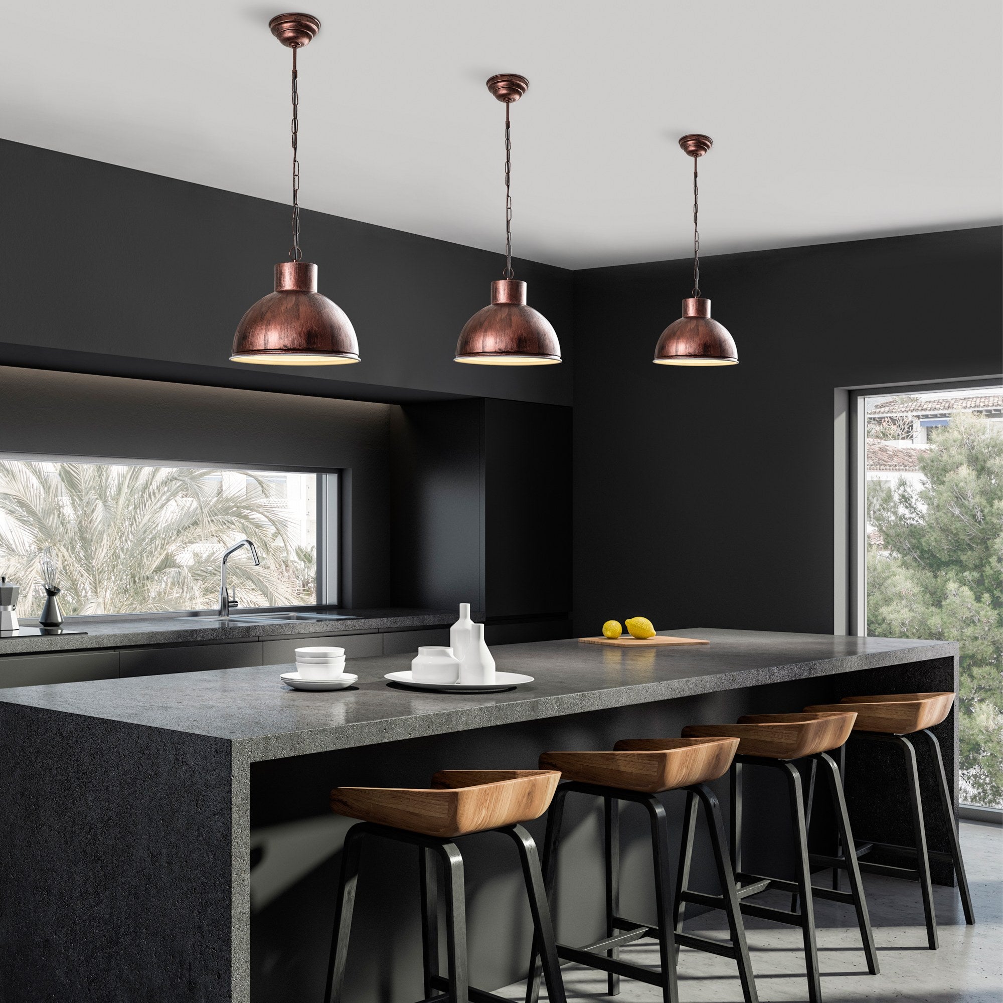 Candeeiro de Teto Elegante de Cobre, Altura Ajustável 128 cm, Diâmetro 32 cm | Corpo de Ferro, Soquete E27, Potência Máxima 40 W | Iluminação Elegante para Espaços Modernos, Classificação IP20