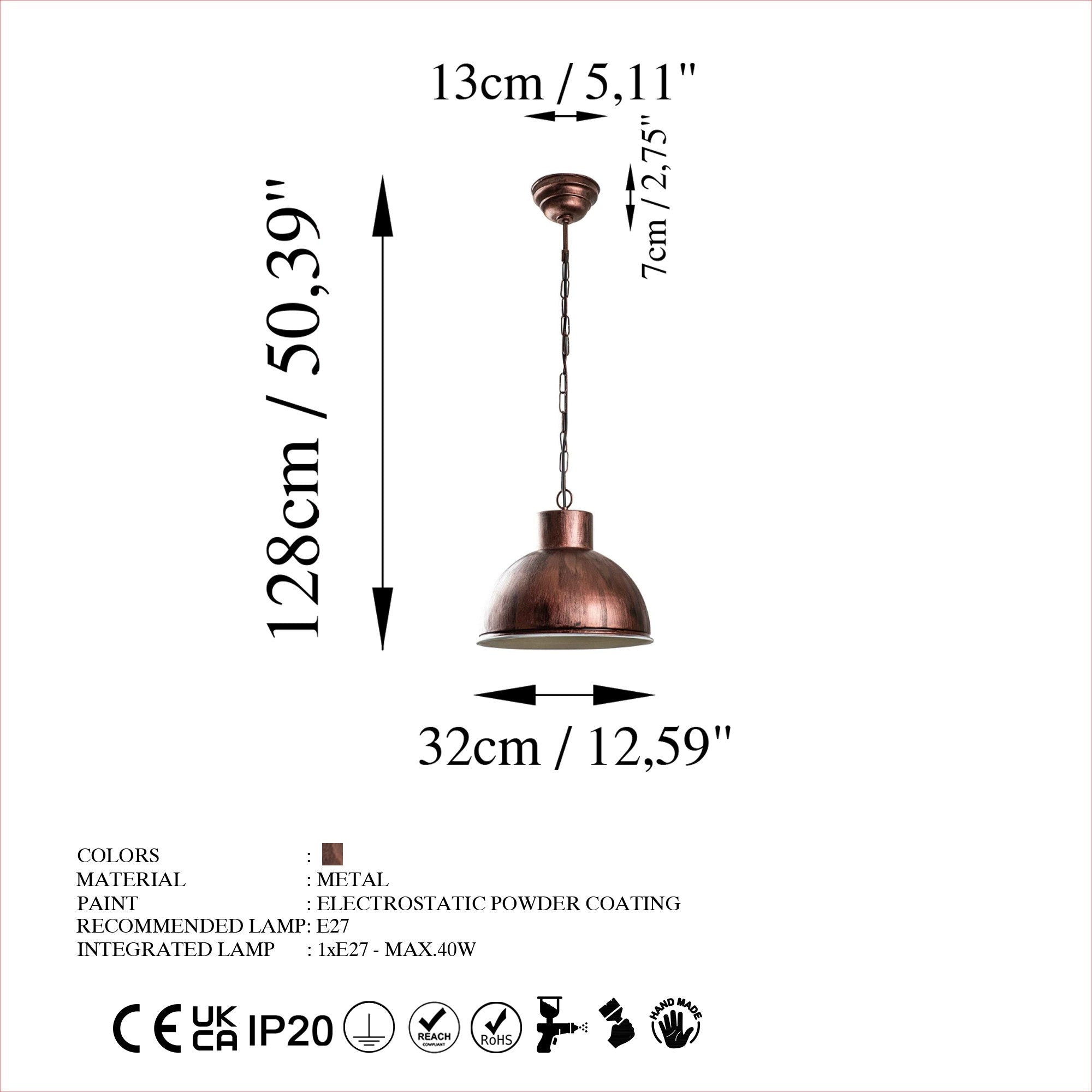 Candeeiro de Teto Elegante de Cobre, Altura Ajustável 128 cm, Diâmetro 32 cm | Corpo de Ferro, Soquete E27, Potência Máxima 40 W | Iluminação Elegante para Espaços Modernos, Classificação IP20