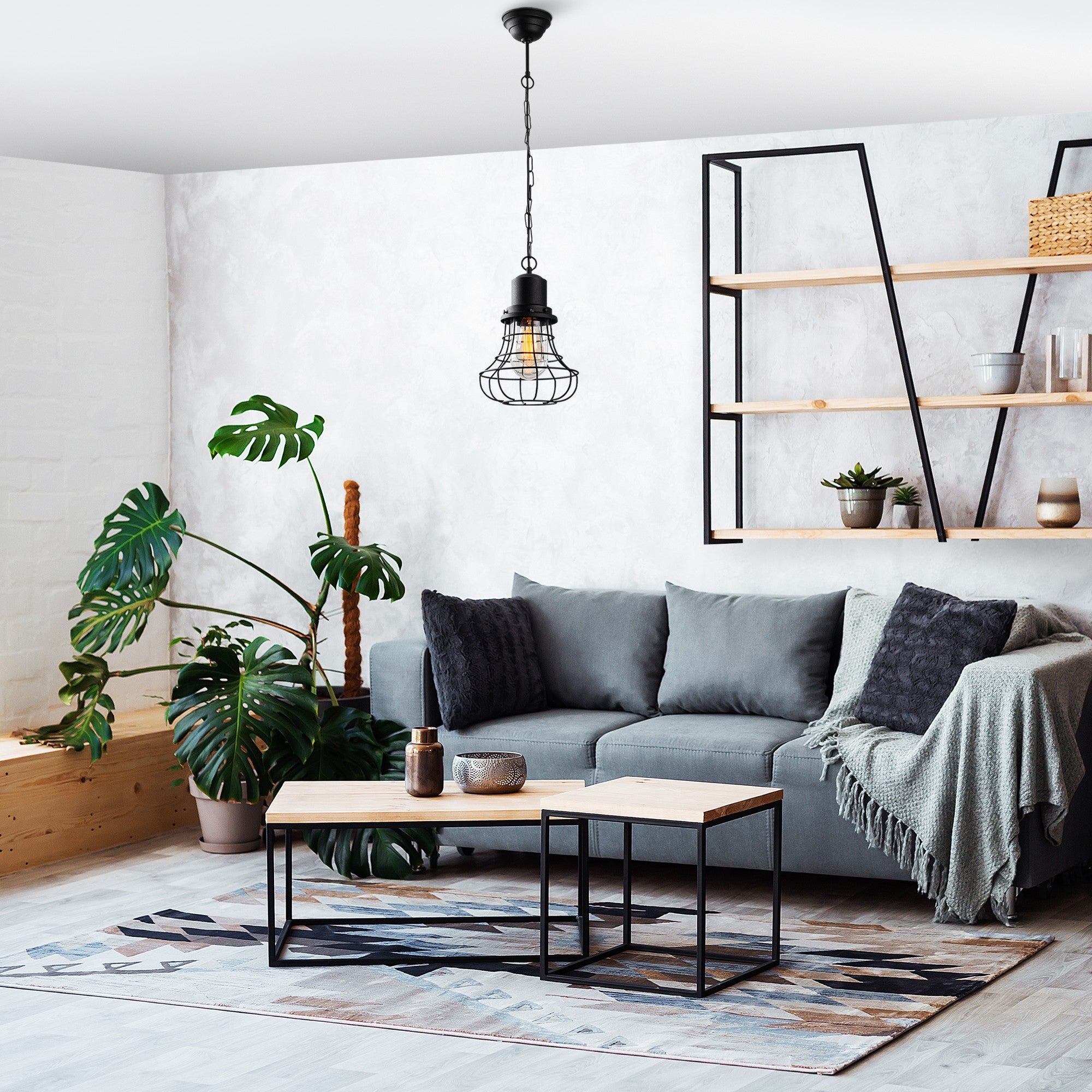 Candeeiro de Teto elegante de metal preto, 22 cm de largura x 110 cm de altura | Soquete E27, máx. 40 W, classificação IP44 | Perfeito para decoração e iluminação de casa moderna