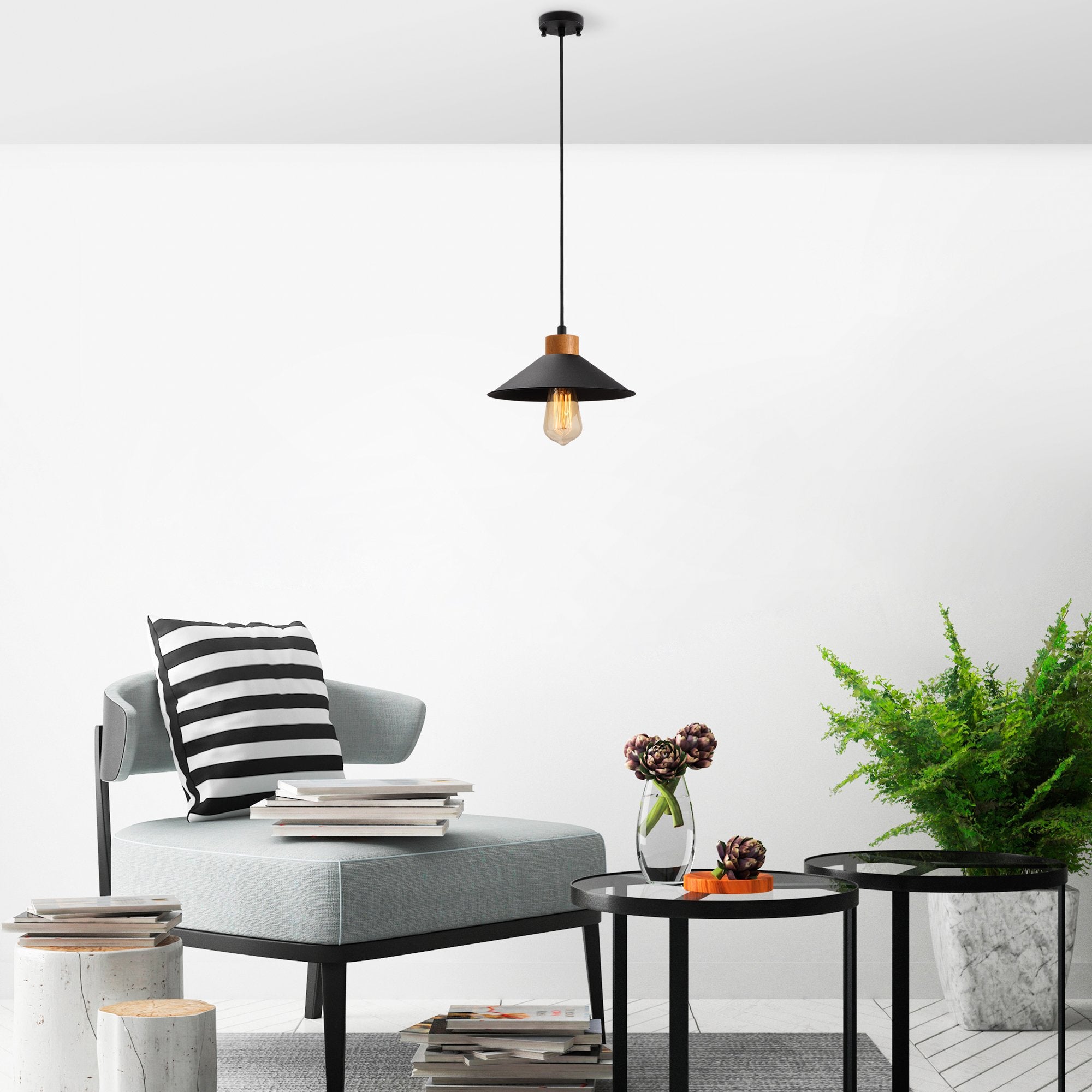 Candeeiro de Teto – 103 x 24 cm – Preto – Metal e Madeira