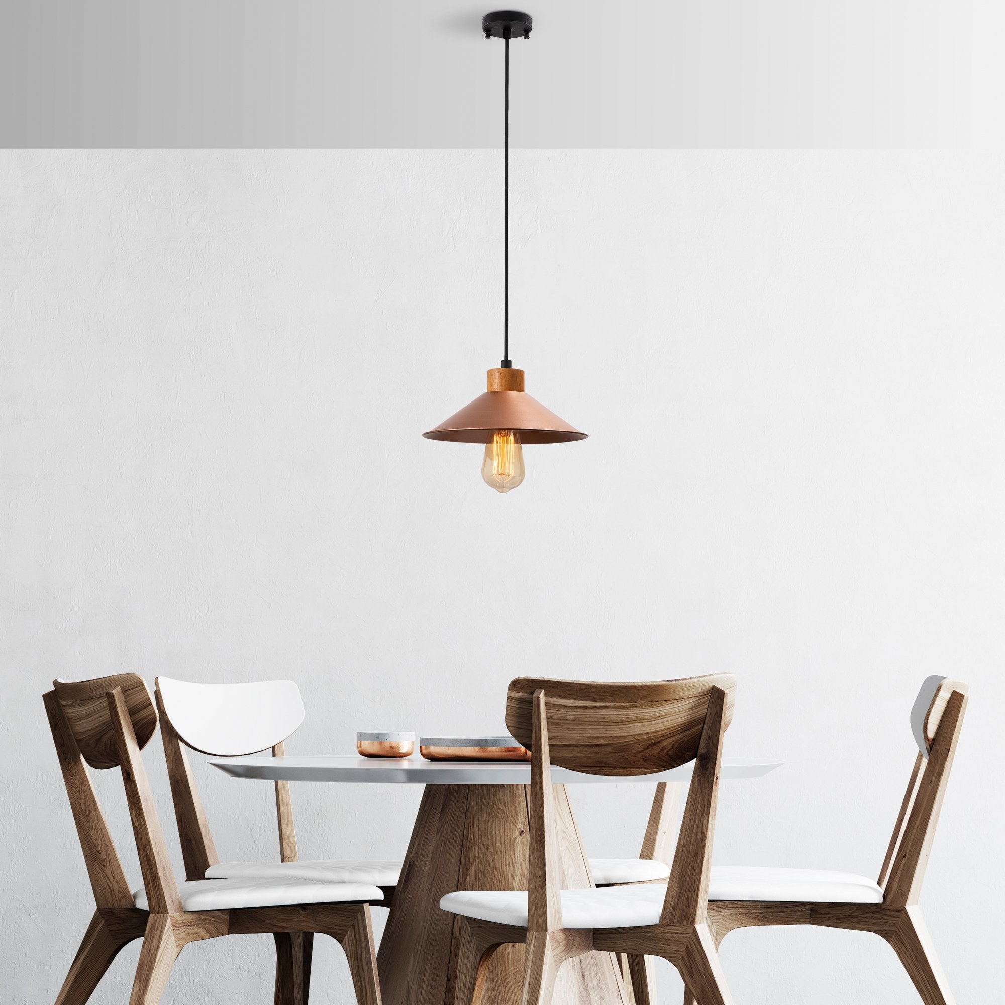 Candeeiro de Teto Elegante – 103 x 24 cm – Cobre – Metal com Base em Madeira
