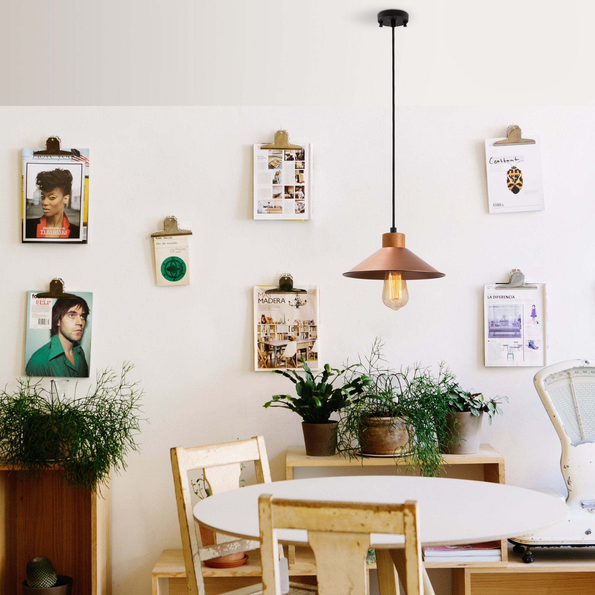 Candeeiro de Teto Elegante – 103 x 24 cm – Cobre – Metal com Base em Madeira