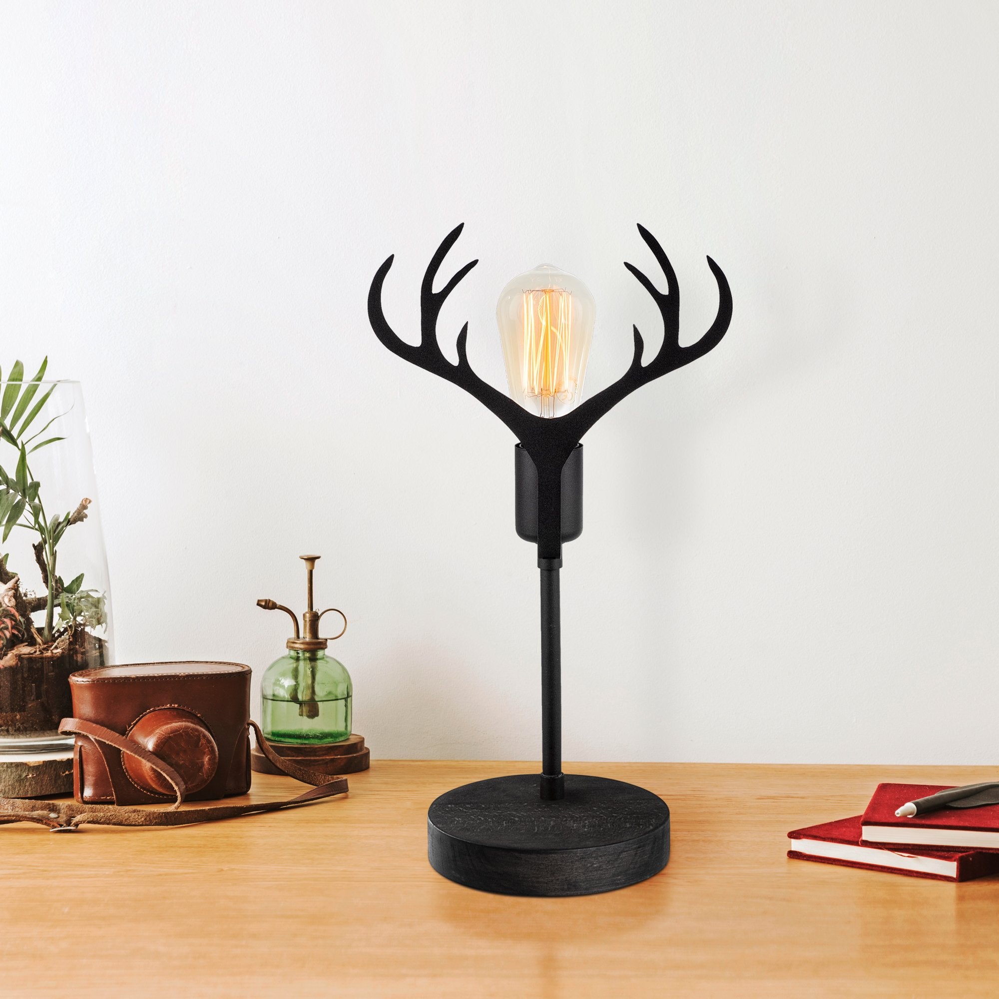 Candeeiro de Mesa elegante preta com corpo de metal e base de madeira, 40 cm de altura, soquete E27 (máx. 40 W), design elegante para casa e escritório, classificação IP20