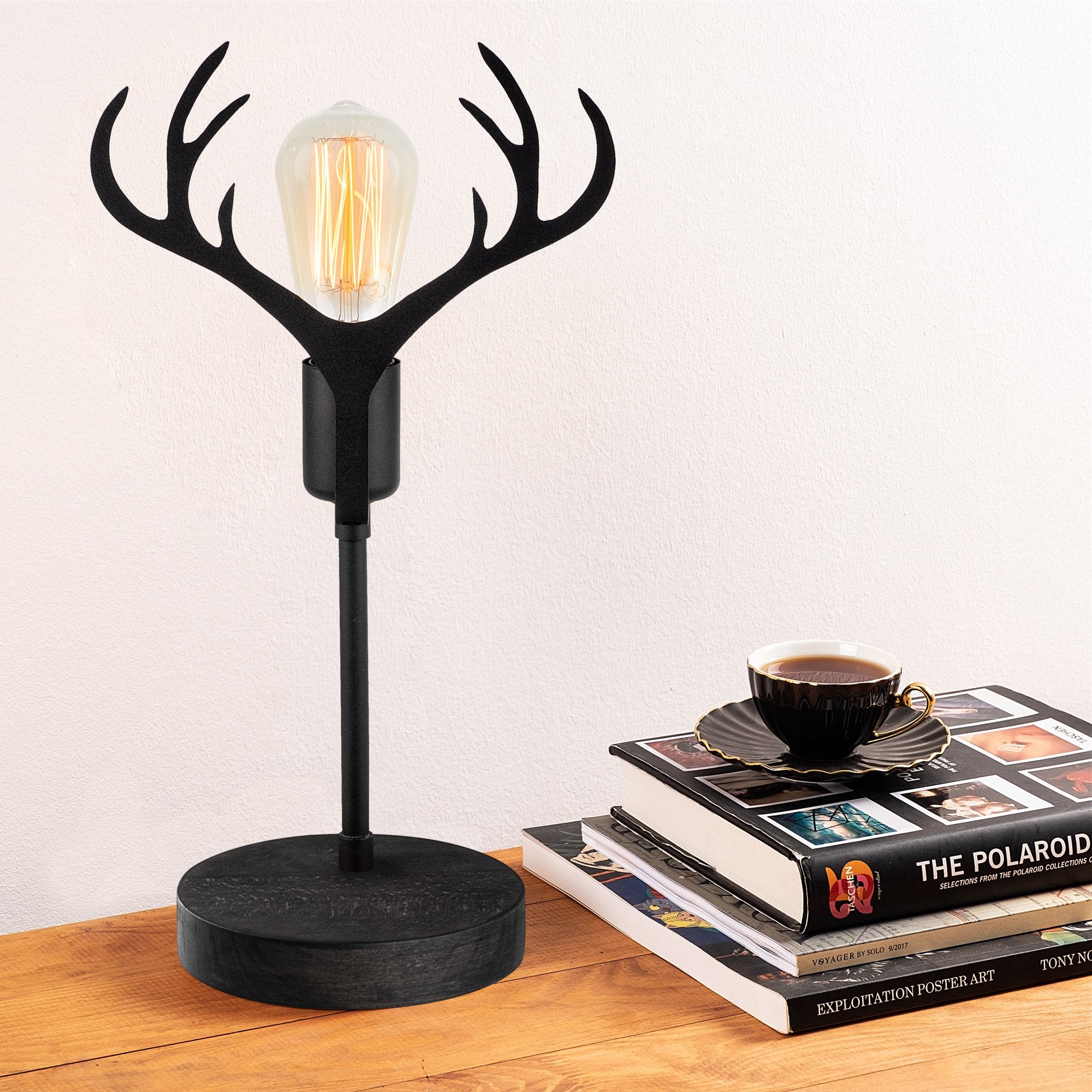 Candeeiro de Mesa elegante preta com corpo de metal e base de madeira, 40 cm de altura, soquete E27 (máx. 40 W), design elegante para casa e escritório, classificação IP20
