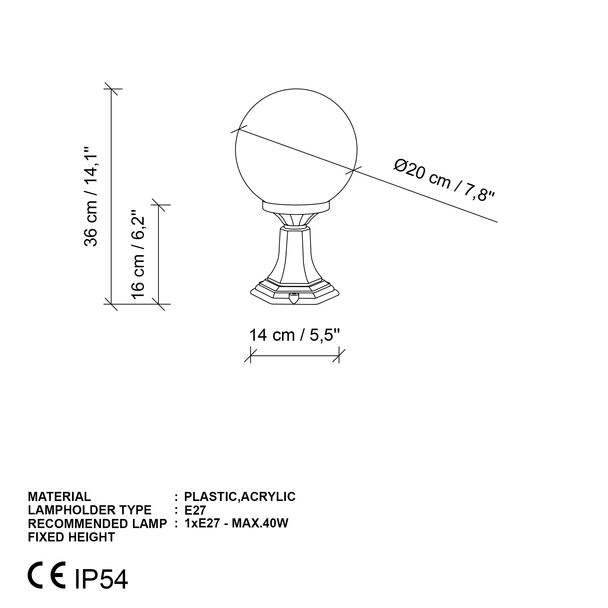 Candeeiro de Pé para Exterior – 36 cm altura – Preto – Plástico