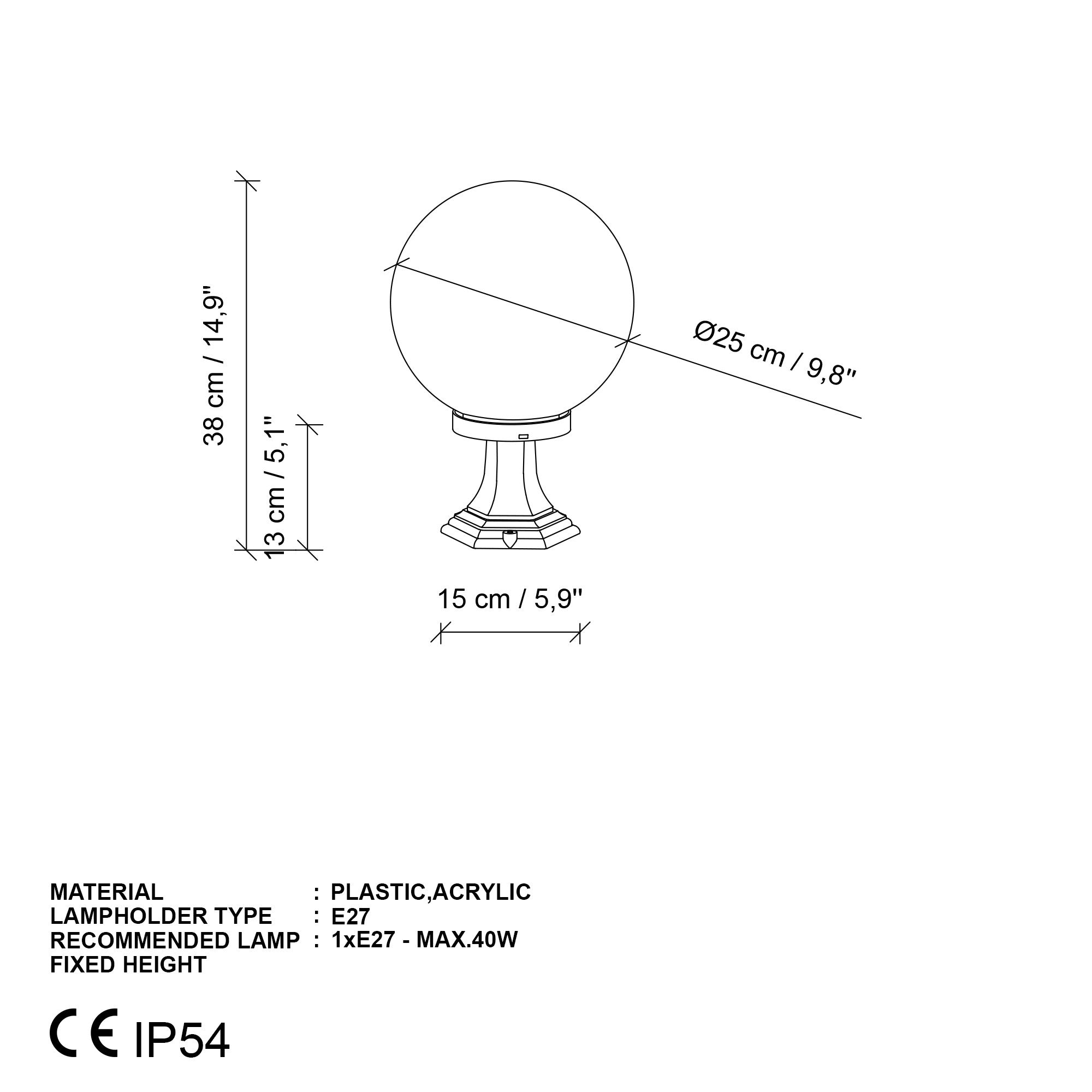 Candeeiro de Pé para Exterior – 25 cm diâmetro – Preto – Plástico e Acrílico
