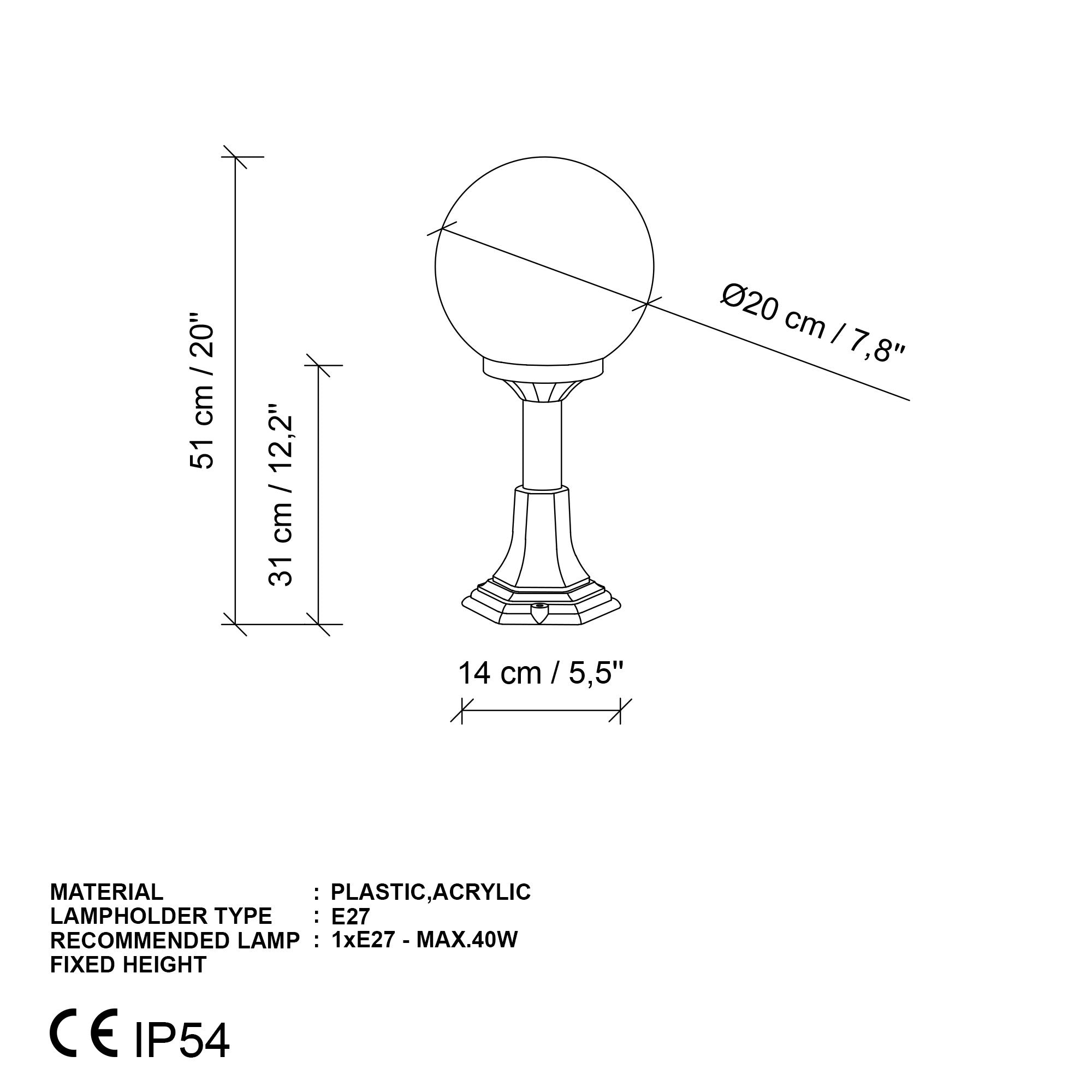 Candeeiro de Pé para Exterior – 51 cm – Preto – Plástico