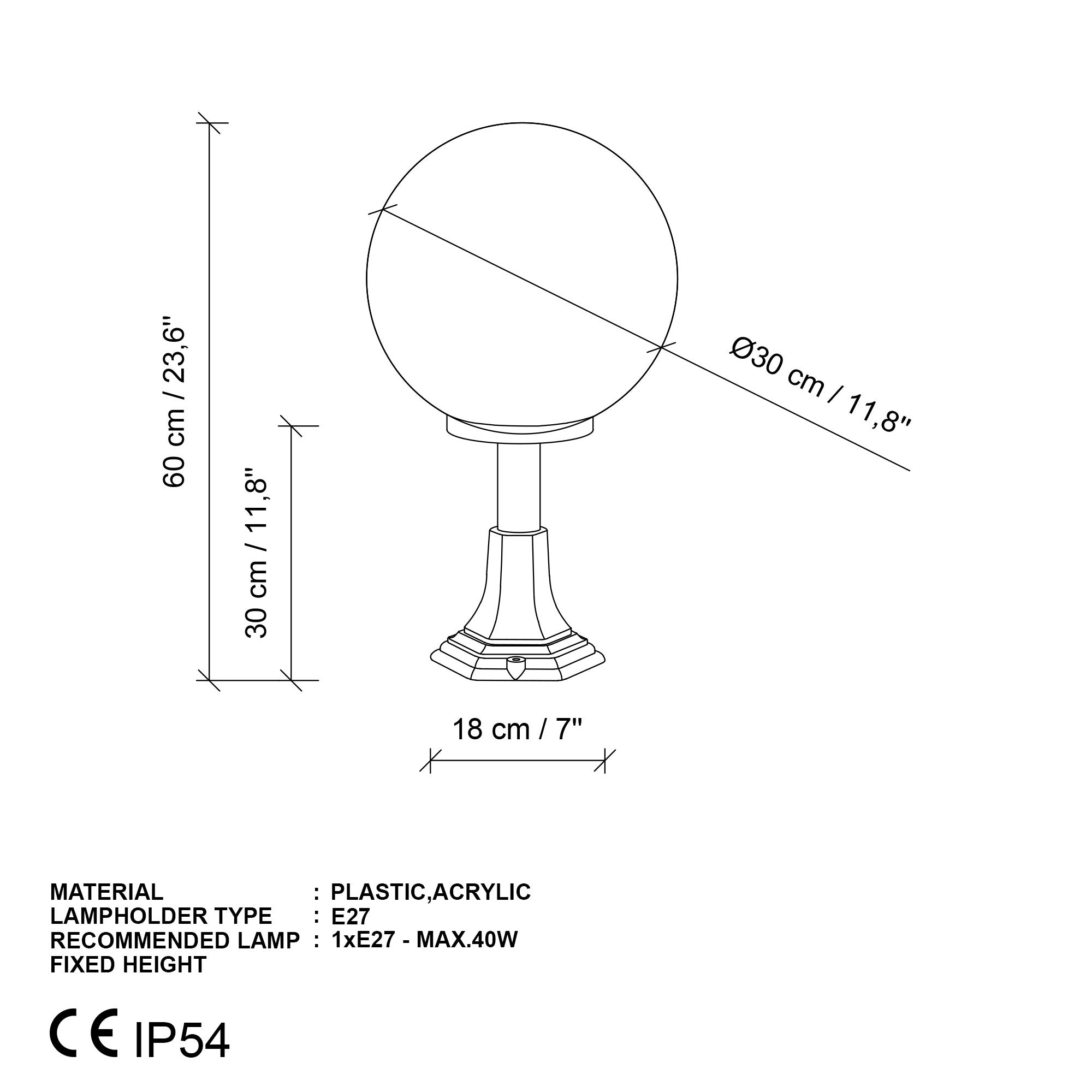 Candeeiro de Pé para Exterior – 60 cm – Preto – Plástico e Acrílico