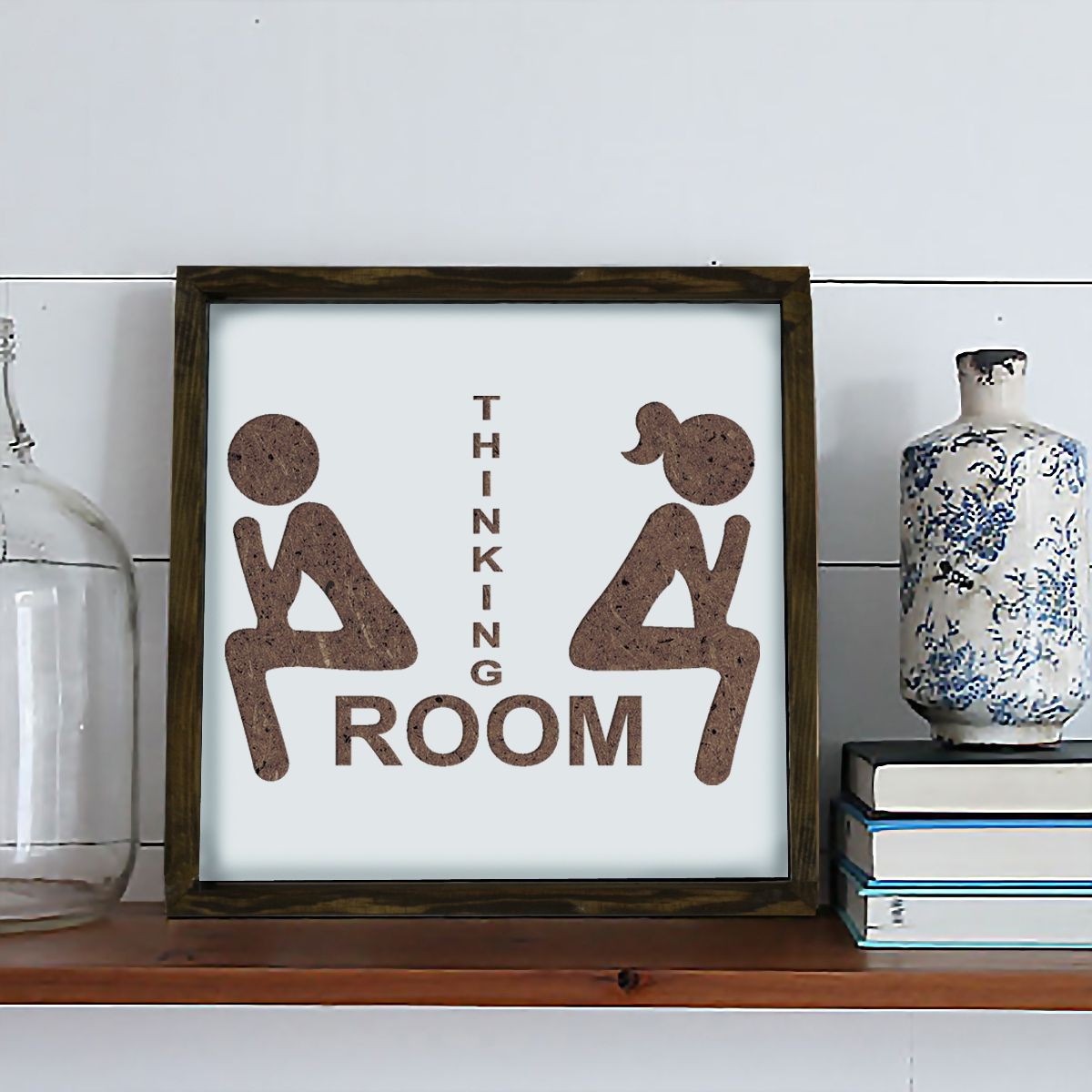 Quadro decorativo emoldurado – 34 x 34 cm – Castanho e Branco – MDF e madeira de pinho maciça