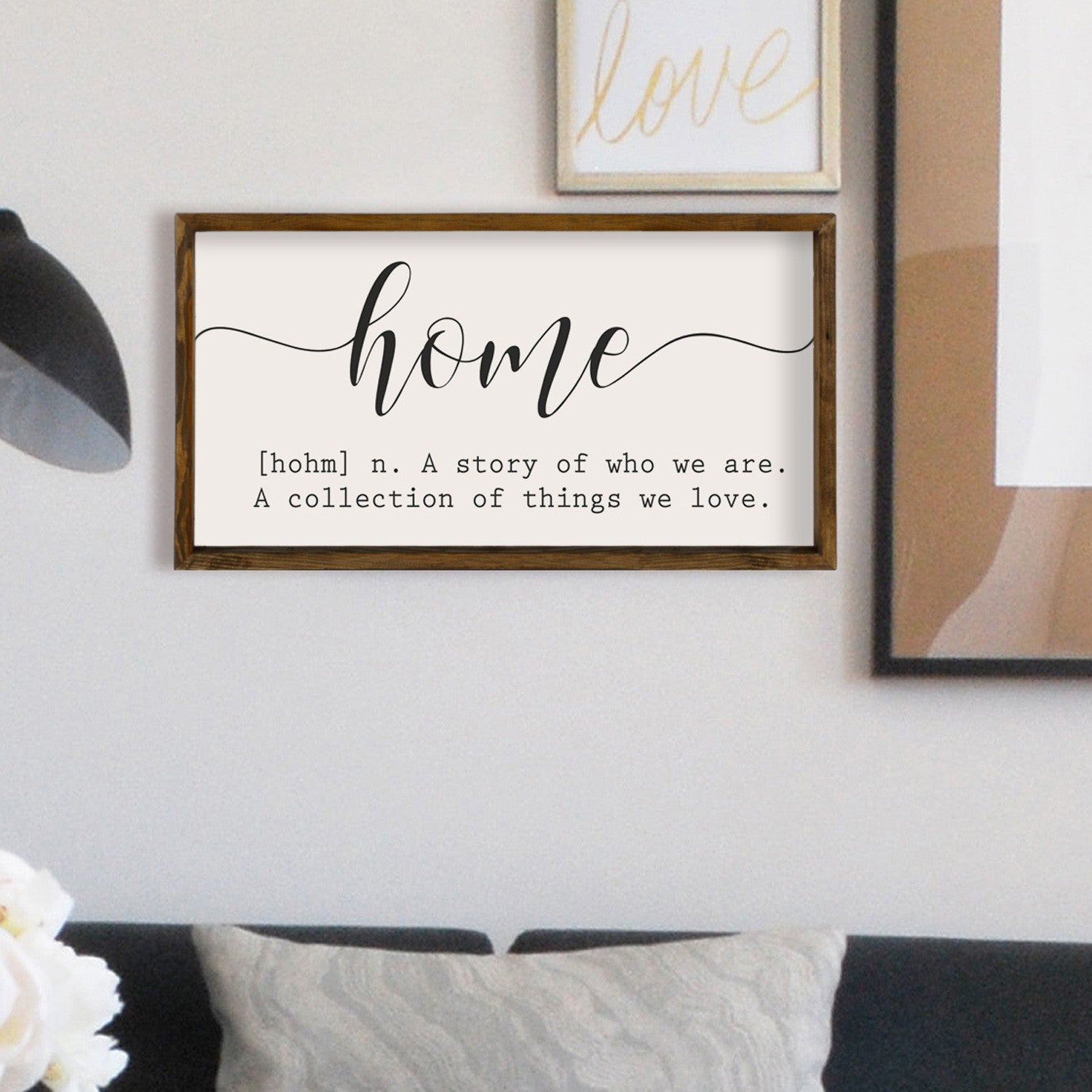 Pintura decorativa emoldurada – 25 x 50 cm – Castanho, Branco e Preto – MDF e madeira de pinho