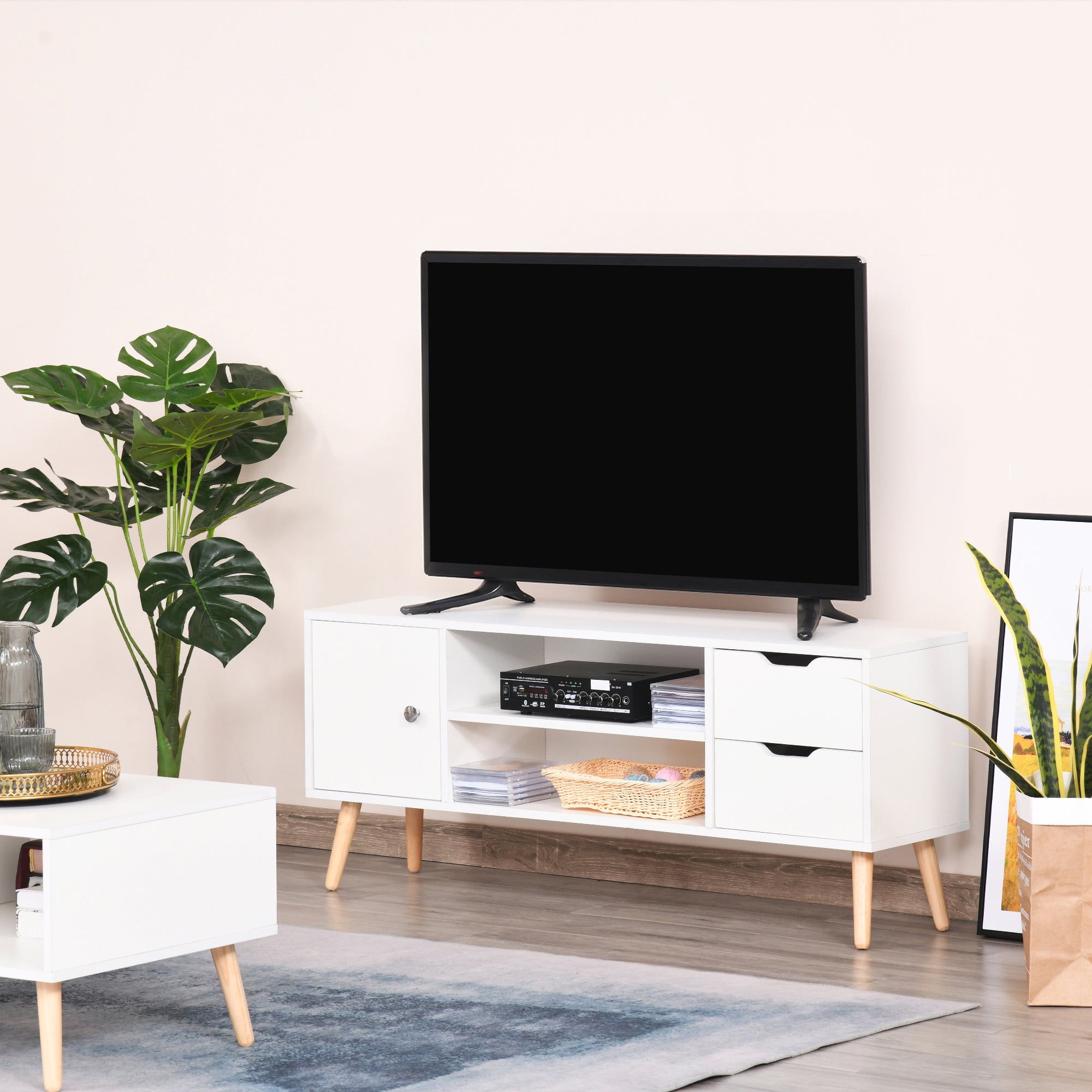 Armário de TV Grande com Armário, Prateleiras e Gavetas - 120x28x44 cm - Branco