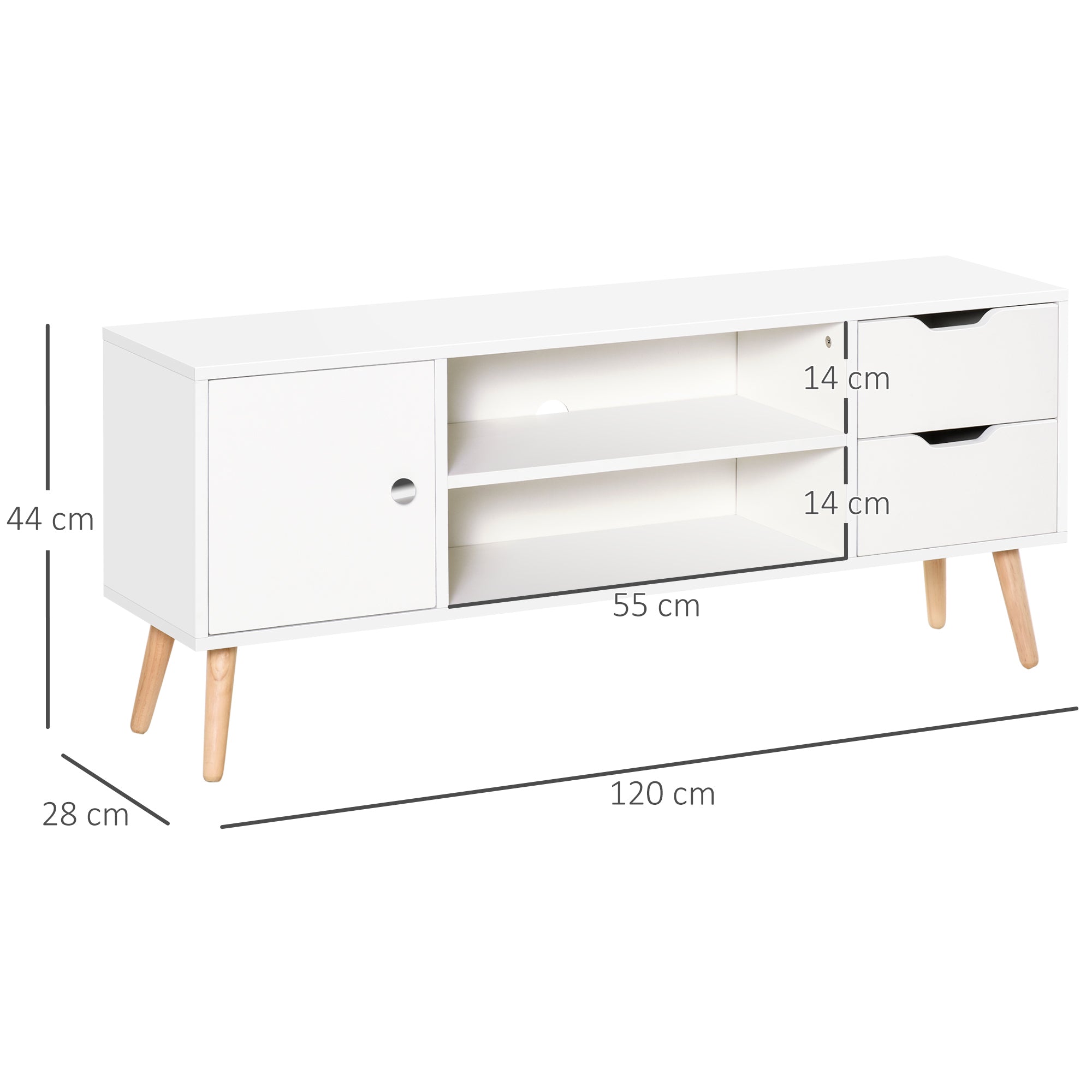 Armário de TV Grande com Armário, Prateleiras e Gavetas - 120x28x44 cm - Branco
