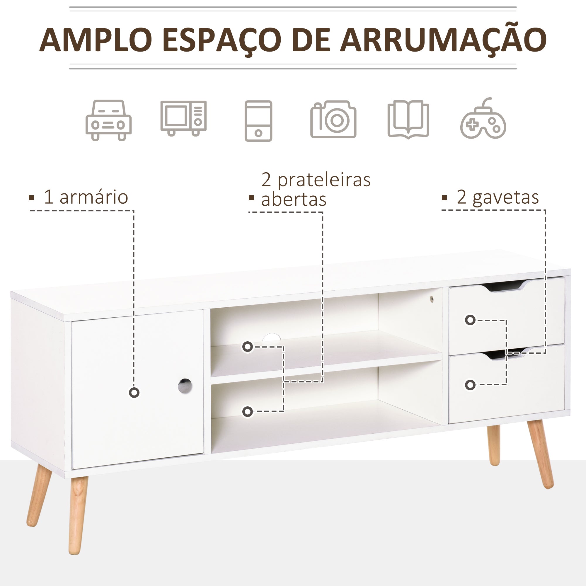 Armário de TV Grande com Armário, Prateleiras e Gavetas - 120x28x44 cm - Branco