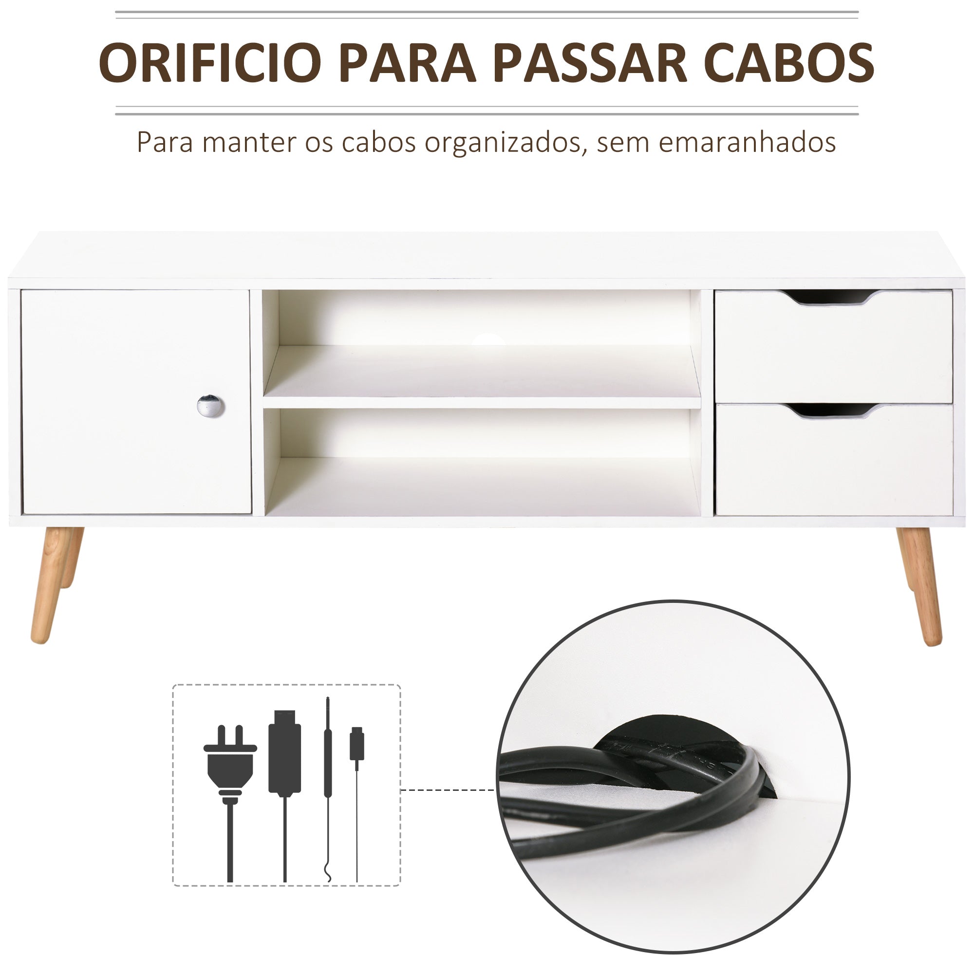Armário de TV Grande com Armário, Prateleiras e Gavetas - 120x28x44 cm - Branco