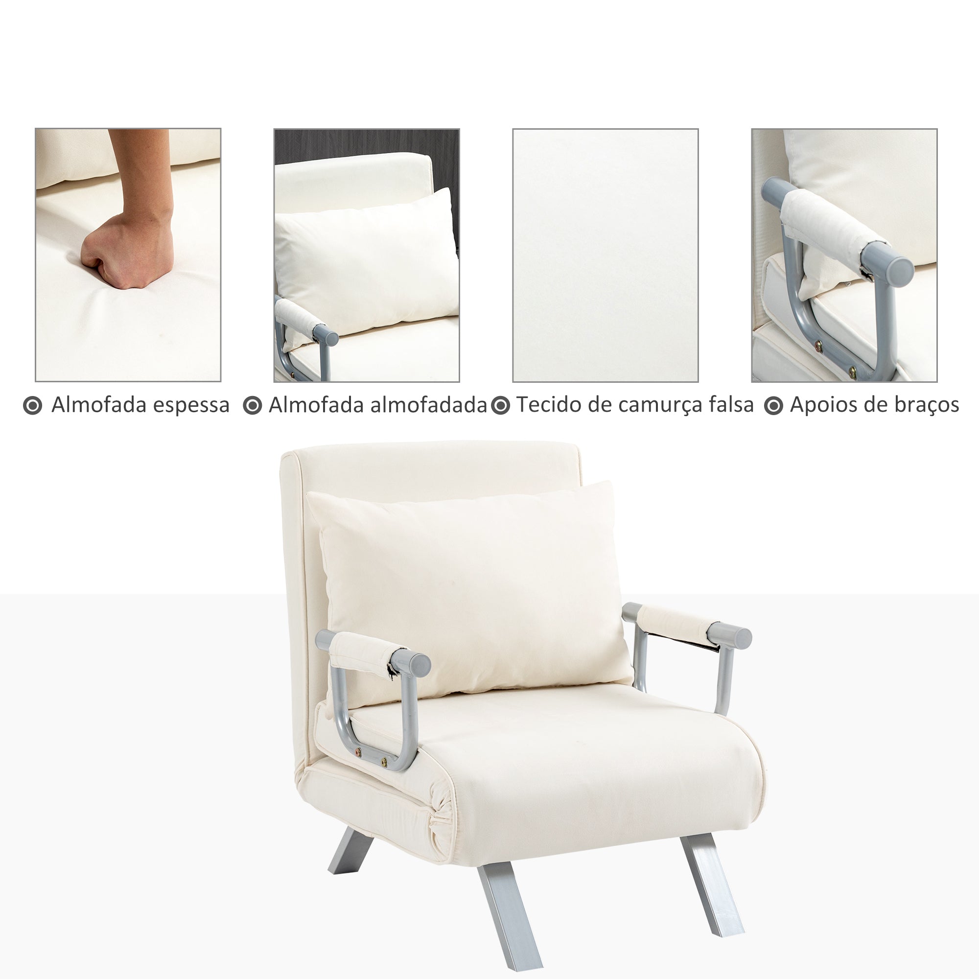 Sofá Cama Individual Reclinável 65x69x80 cm - Cor Creme
