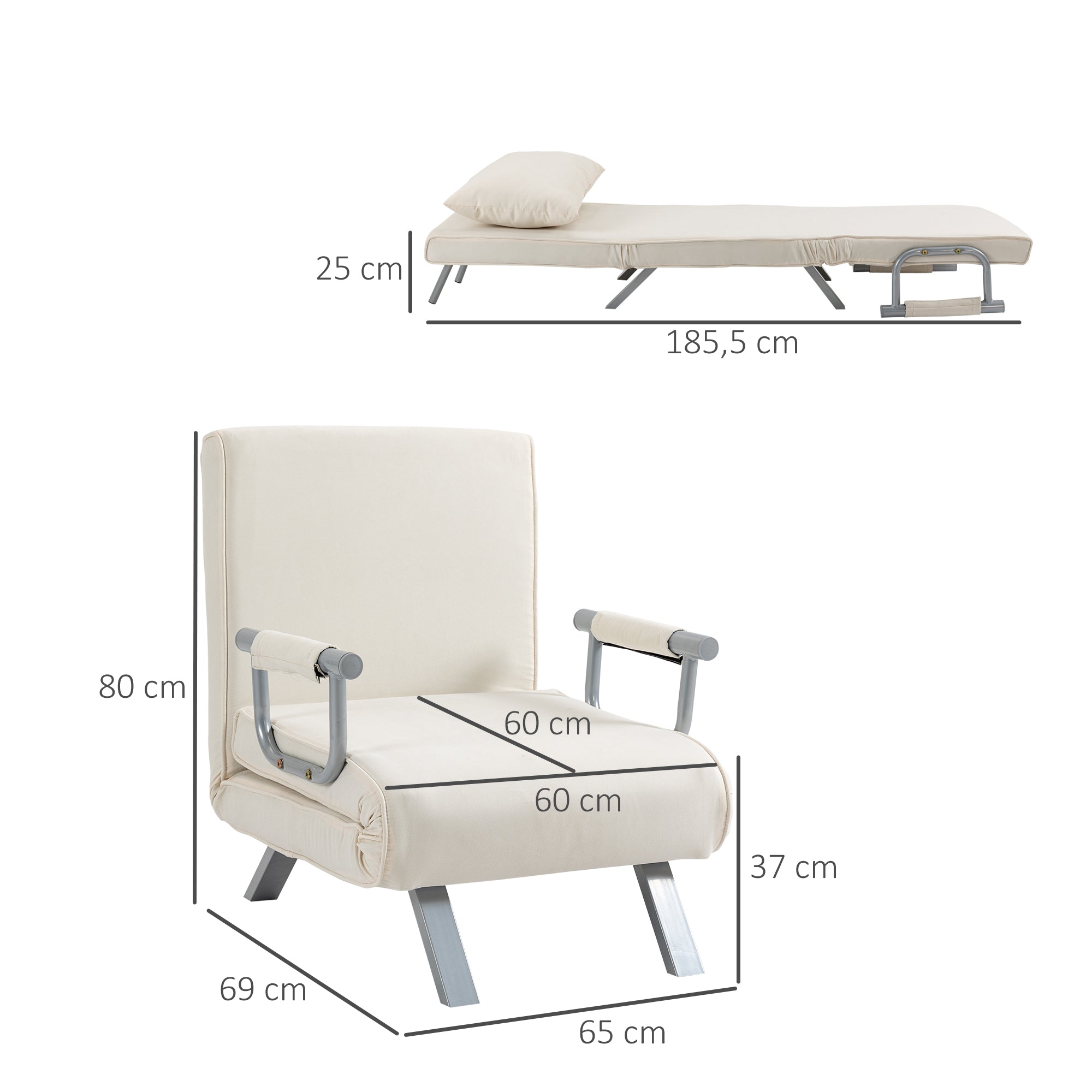 Sofá Cama Individual Reclinável 65x69x80 cm - Cor Creme