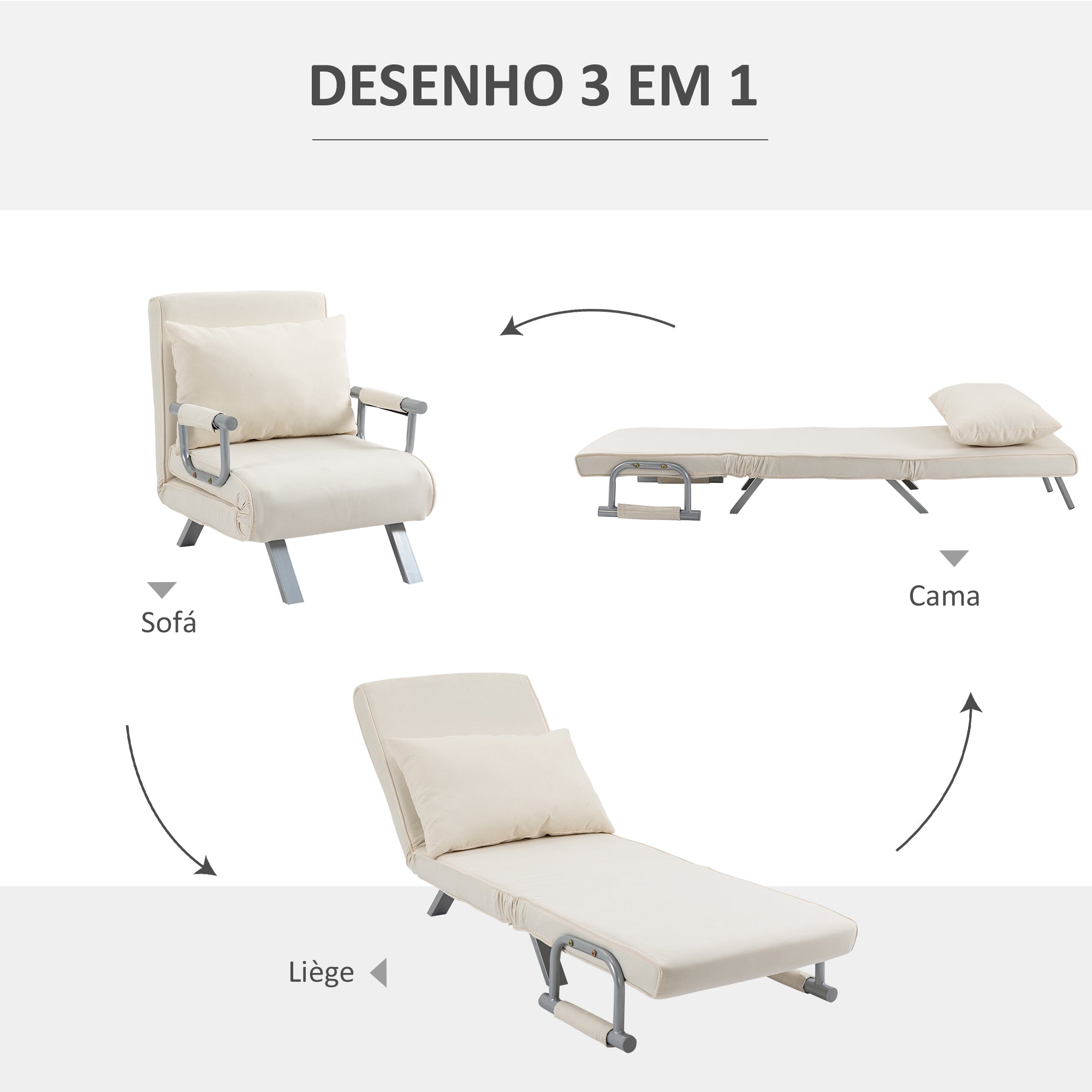 Sofá Cama Individual Reclinável 65x69x80 cm - Cor Creme