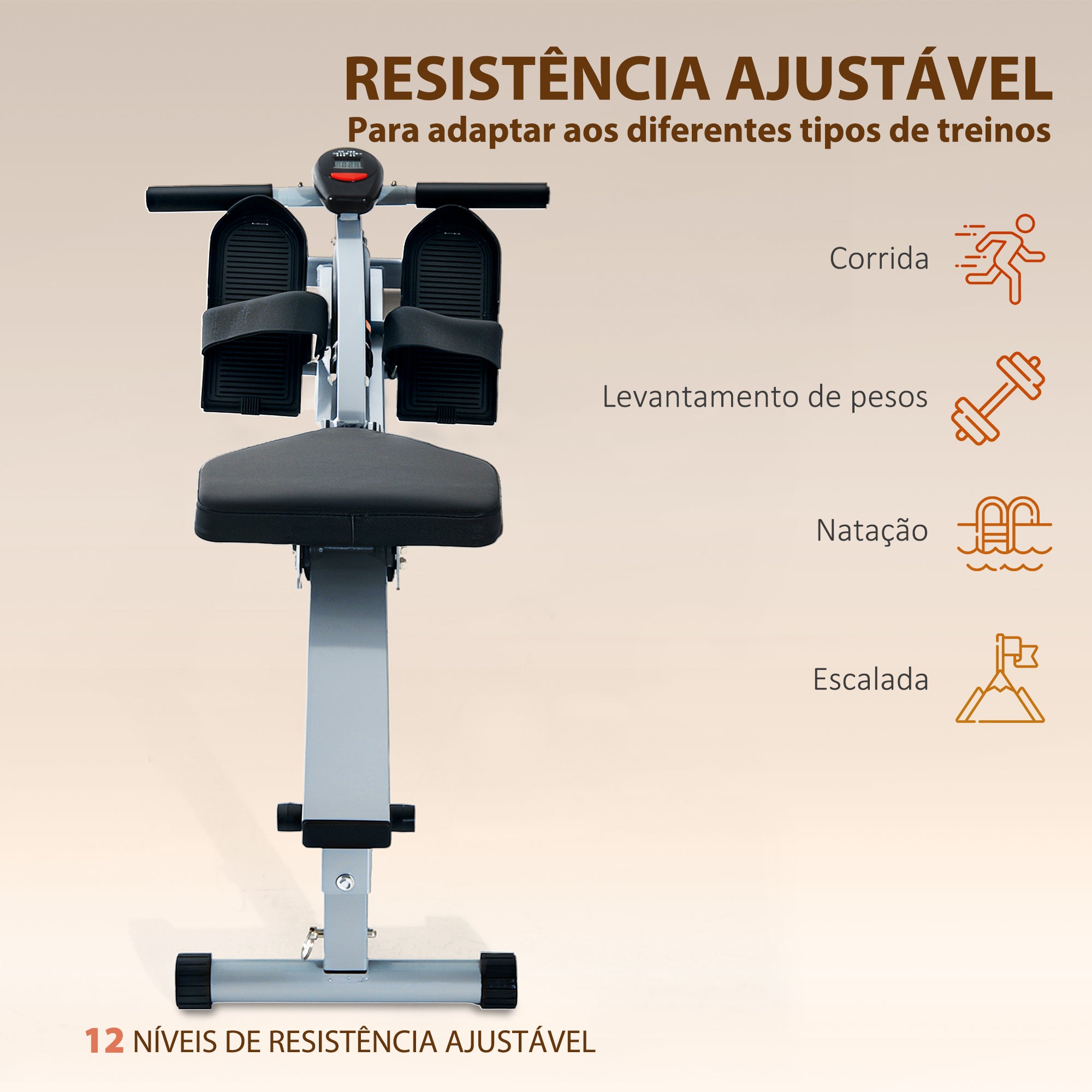 Máquina de Remo Cinzenta 130x47,5x67cm com Ecrã LCD para Treino em Casa