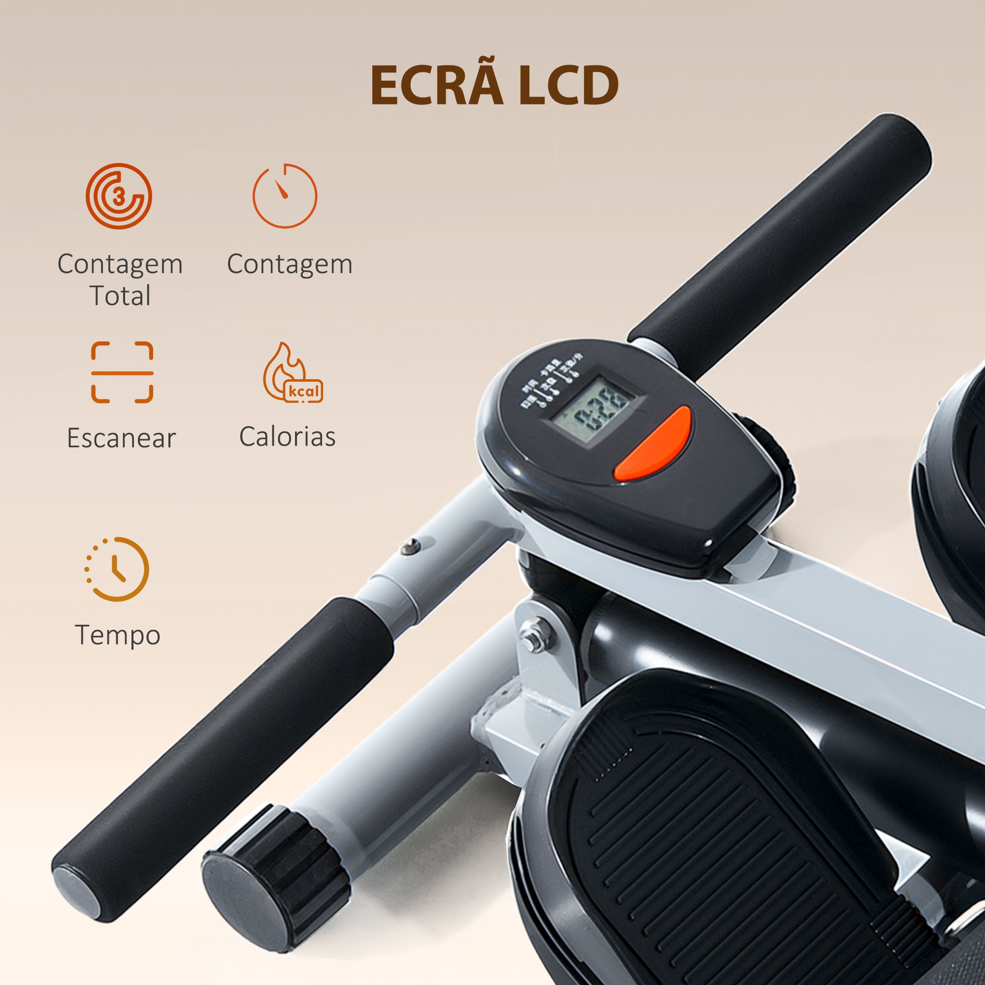 Máquina de Remo Cinzenta 130x47,5x67cm com Ecrã LCD para Treino em Casa