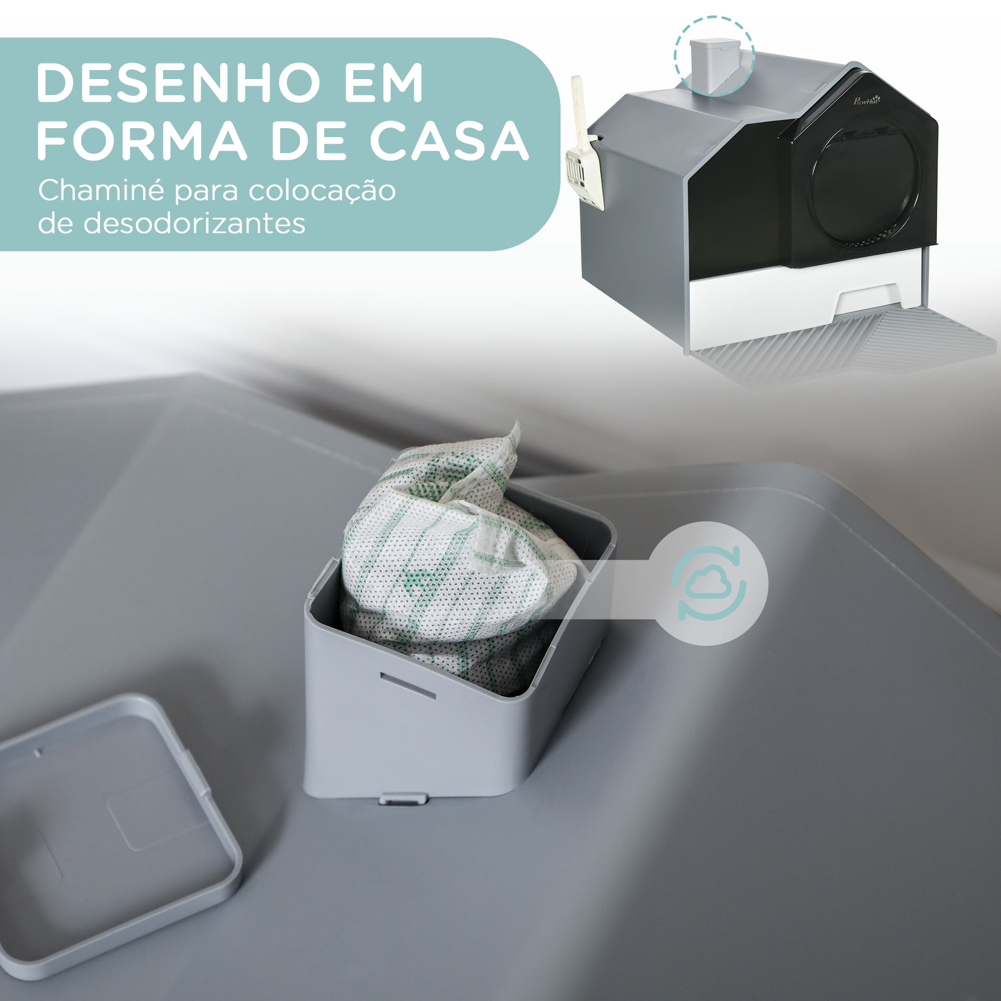Caixa de Areia Fechada para Gatos – 47x45x42 cm – Cinzento – Plástico PP