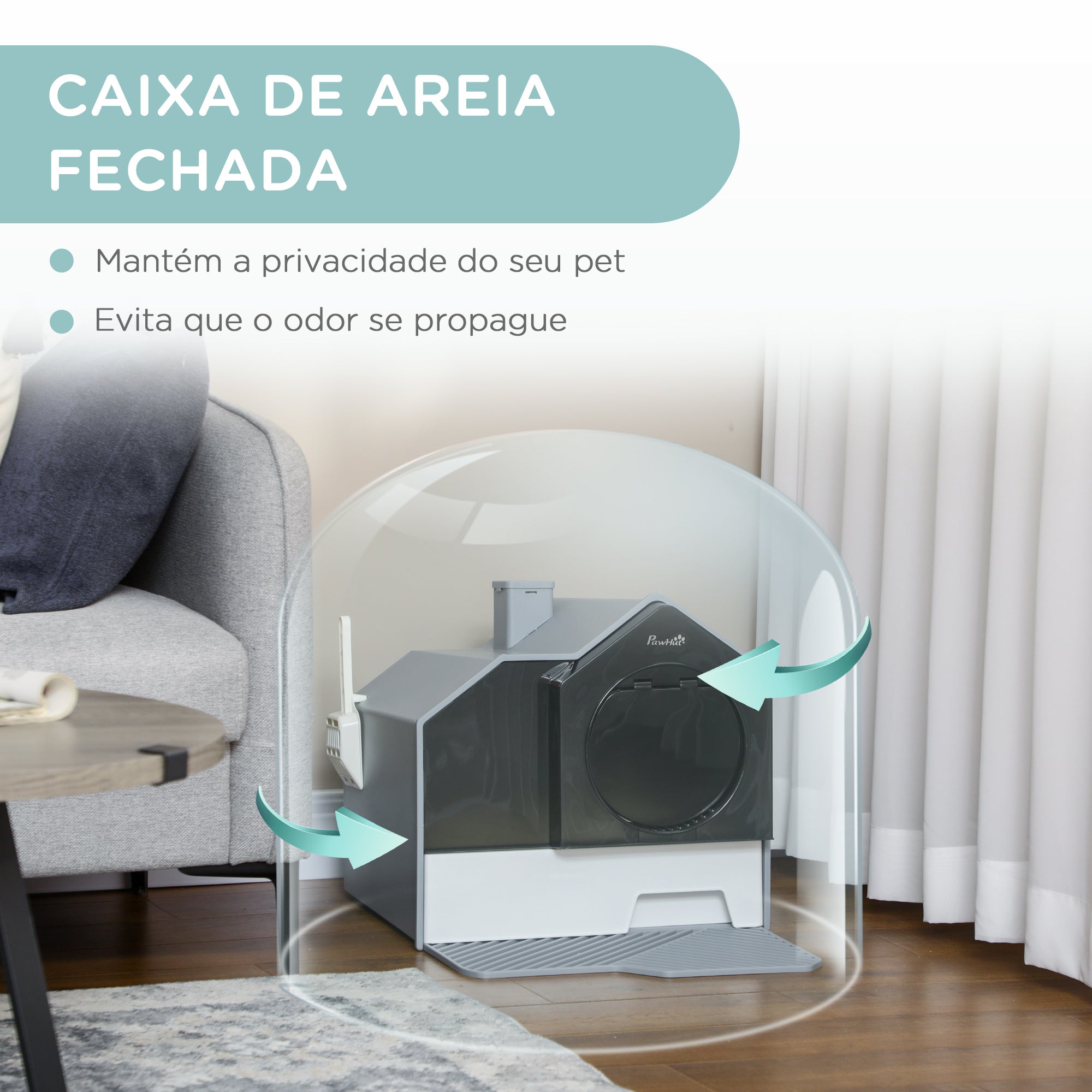 Caixa de Areia Fechada para Gatos – 47x45x42 cm – Cinzento – Plástico PP