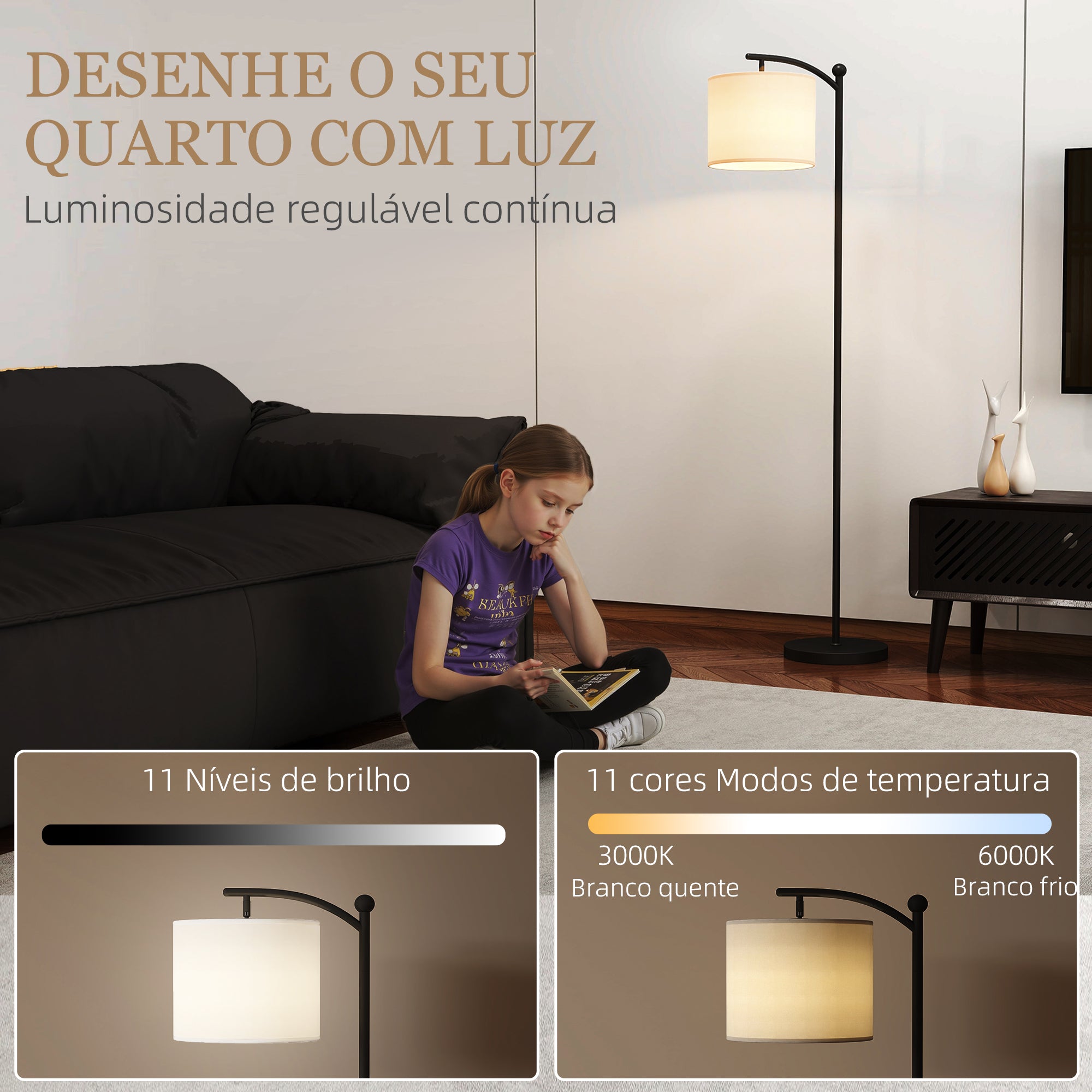 Candeeiro de Pé LED Regulável 54,3x30,6x159,6 cm - Preto
