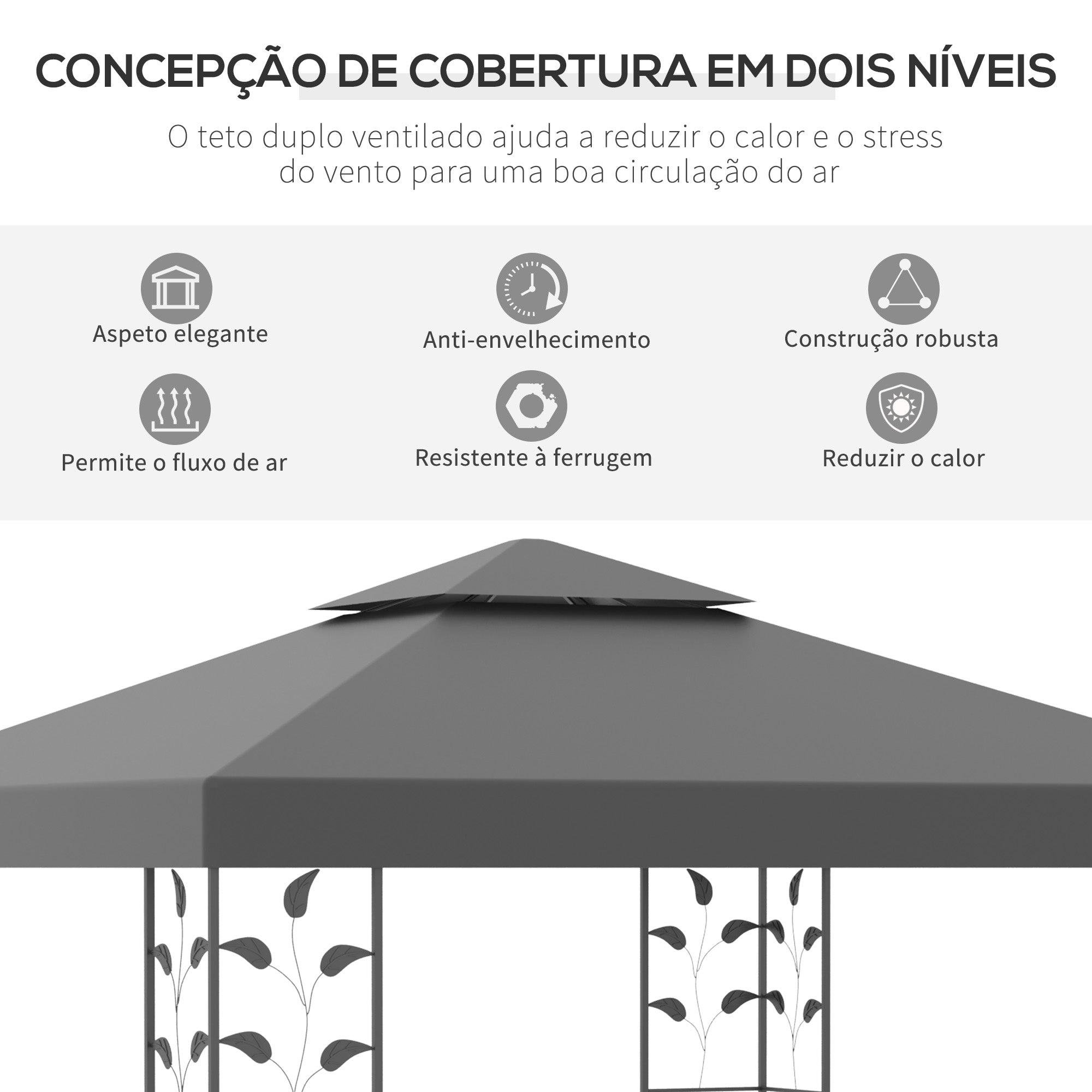 Pérgola de Jardim 3x3 m Cinzenta com Estrutura de Aço - Medidas 295x295x270 cm