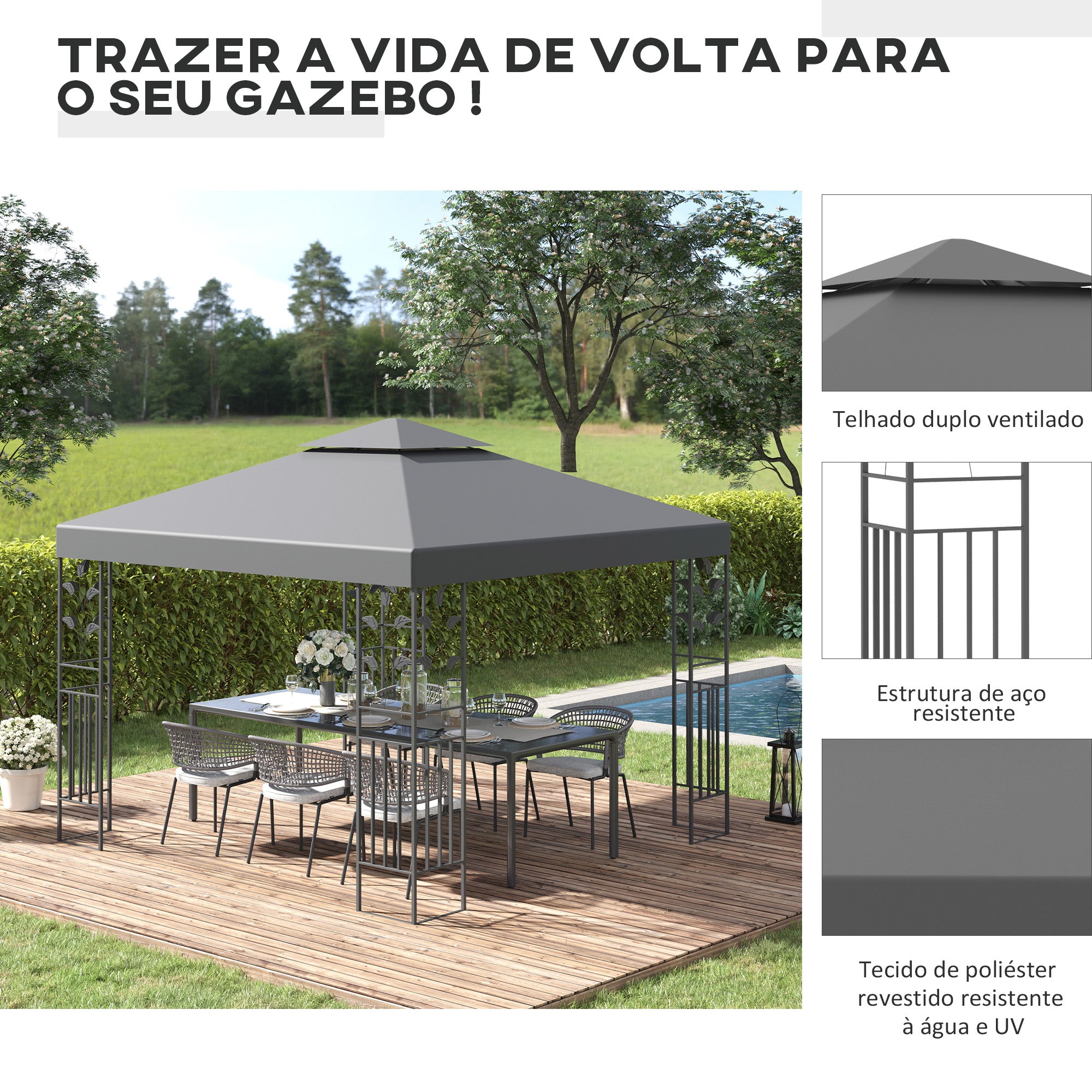 Pérgola de Jardim 3x3 m Cinzenta com Estrutura de Aço - Medidas 295x295x270 cm