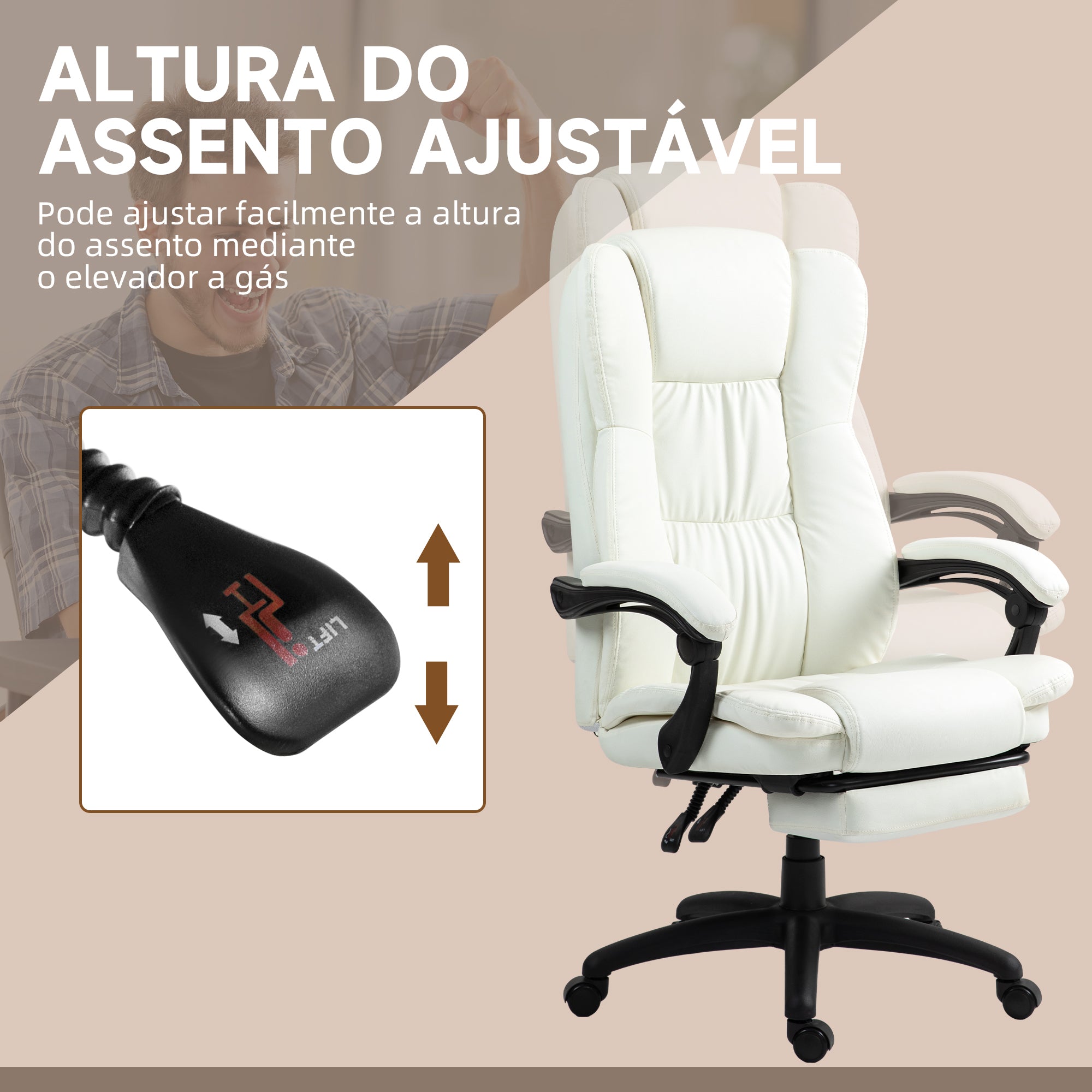 Cadeira de Escritório com Massagem 6 Pontos de Vibração Creme 68,5x68,5x113-121cm