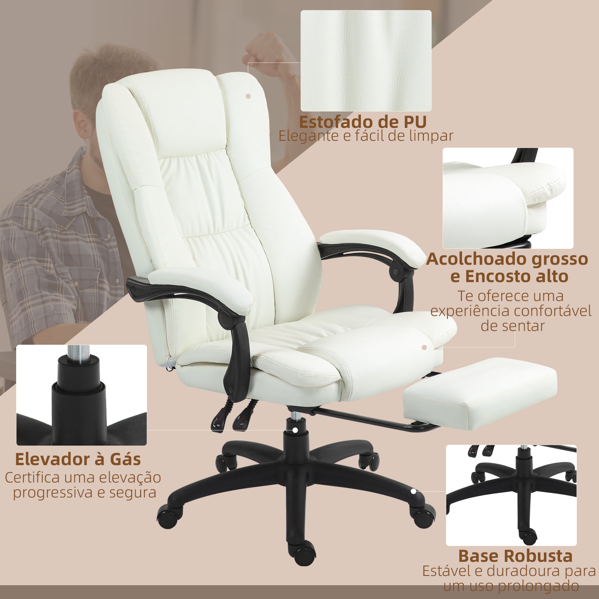Cadeira de Escritório com Massagem 6 Pontos de Vibração Creme 68,5x68,5x113-121cm